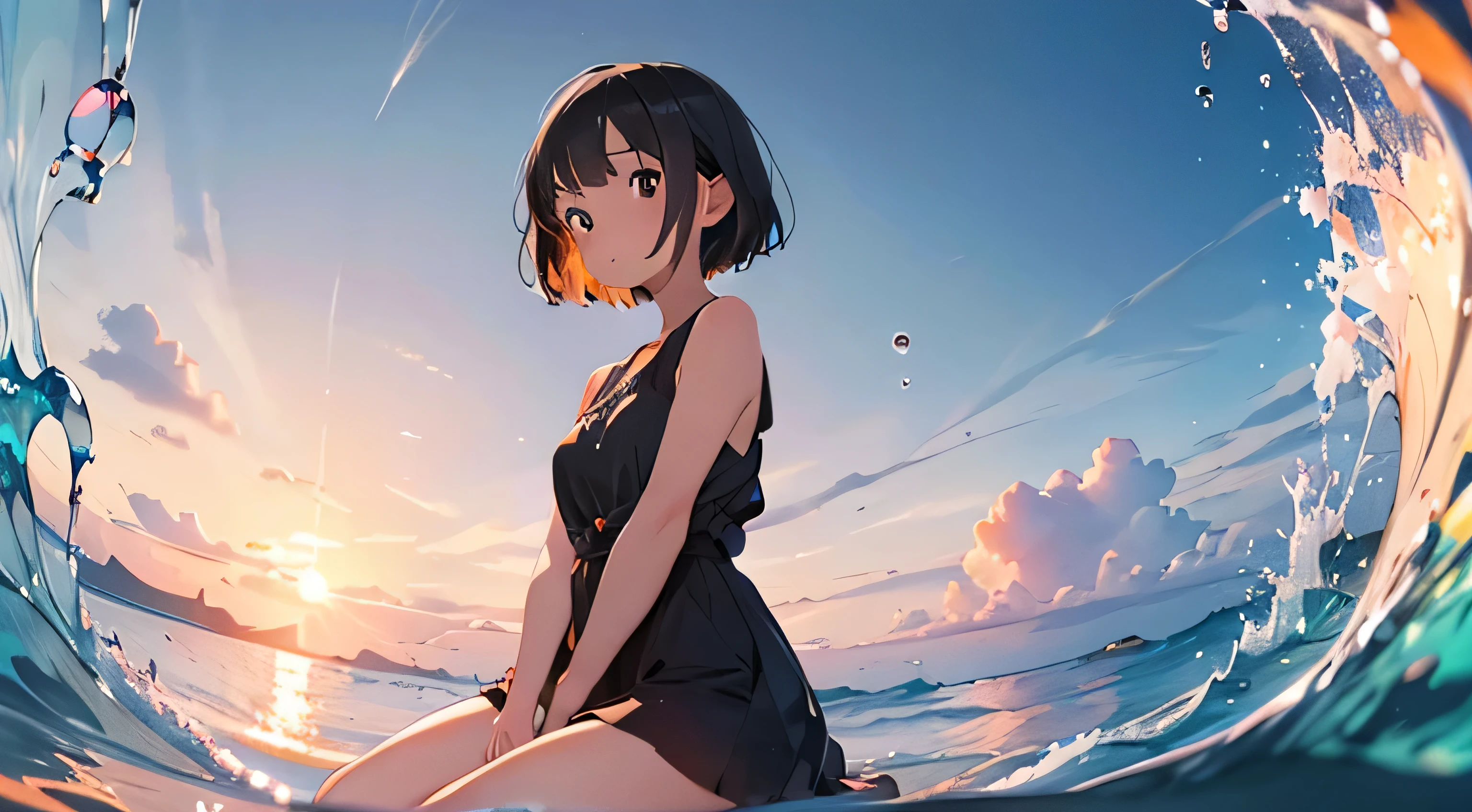 Girl with short black hair，Sitting on the beach, headphone, Ocean, Wave, Sunset, Lots of colorful bubbles，Lots of sparkling, A small universe inside a bubble, Crystals in the bubbles,plant，Orange，Spend time by the ocean，masterpiece，4K