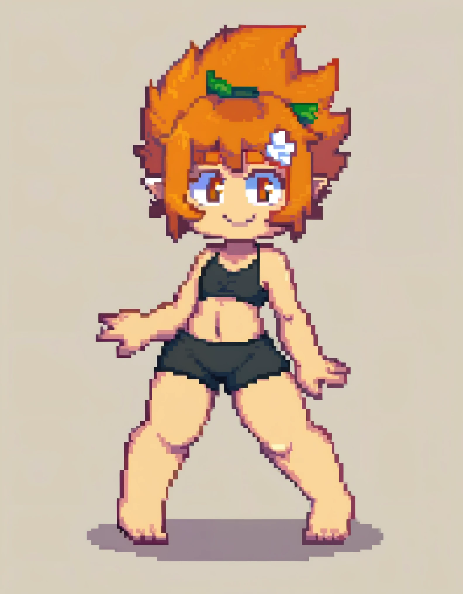 score_9, score_8_up, score_7_up,((best quality)), absurdres,((full body)), ElelyPXL, elely, barefoot, orange hair, brown eyes,pointy ears,red hairband,sleeveless,baggy clothing,black clothes,white background,slim,standing,hand in hip,smile,, upper body pixel,pixel art, 8 bits,