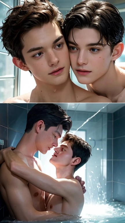 Create an image of Tobey Maguire, Andrew Garfield, and Tom Holland, the three actors who have portrayed Spider-Man, sharing a warm, friendly embrace under a shower. The scene is filled with camaraderie and affection as the three stand together under the cascading water.

The backdrop is a modern, spacious shower with water streaming down, creating a sense of freshness and relaxation. The light from above casts a warm glow, highlighting their smiles and expressions of genuine friendship and support for one another.

Tobey Maguire stands in the middle, with Andrew Garfield and Tom Holland on either side, all of them shirtless and wet from the shower. Their arms are wrapped around each other in a tight, heartfelt hug, conveying a sense of unity and mutual respect.