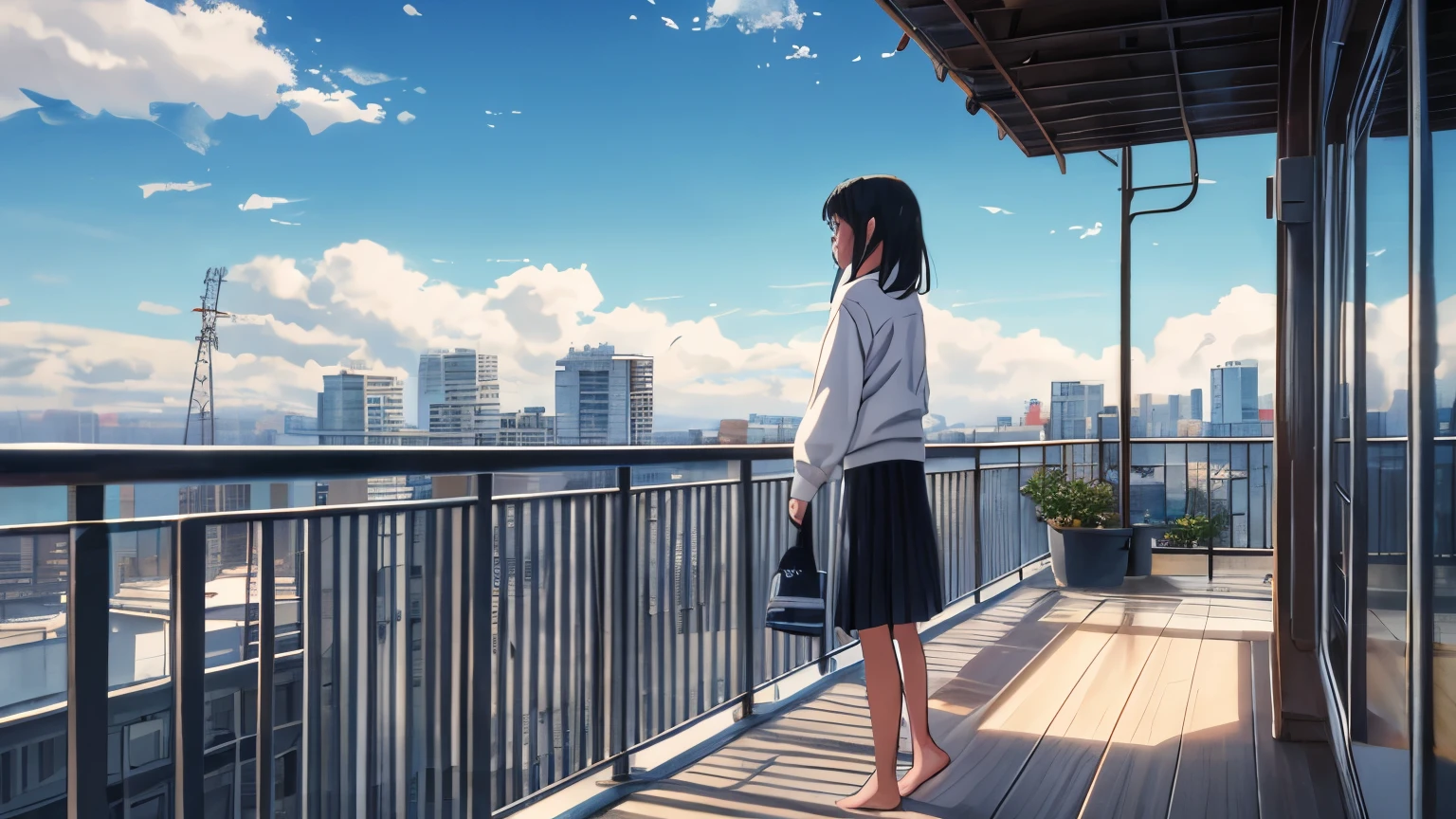 (highest quality),(masterpiece),(Super detailed),(High resolution),Production art,One girl, null, barefoot, alone, cloud, skirt, Sitting, blue eyes, Outdoor, Blue null, handrail, Day, Long sleeve, sweater, barefoot, 黒いskirt, Sleeves are longer than the wrist, プリーツskirt, bangs, 青いsweater, cloudy null, Arm support, bird, shirt, White Hair, Electric pole, Medium Hair, Power lines, , building, balcony, Mouth closed, From the side From the side, ミニskirt, avert your eyes, White shirt,nullきスペースの半分が左側に流れ出ています