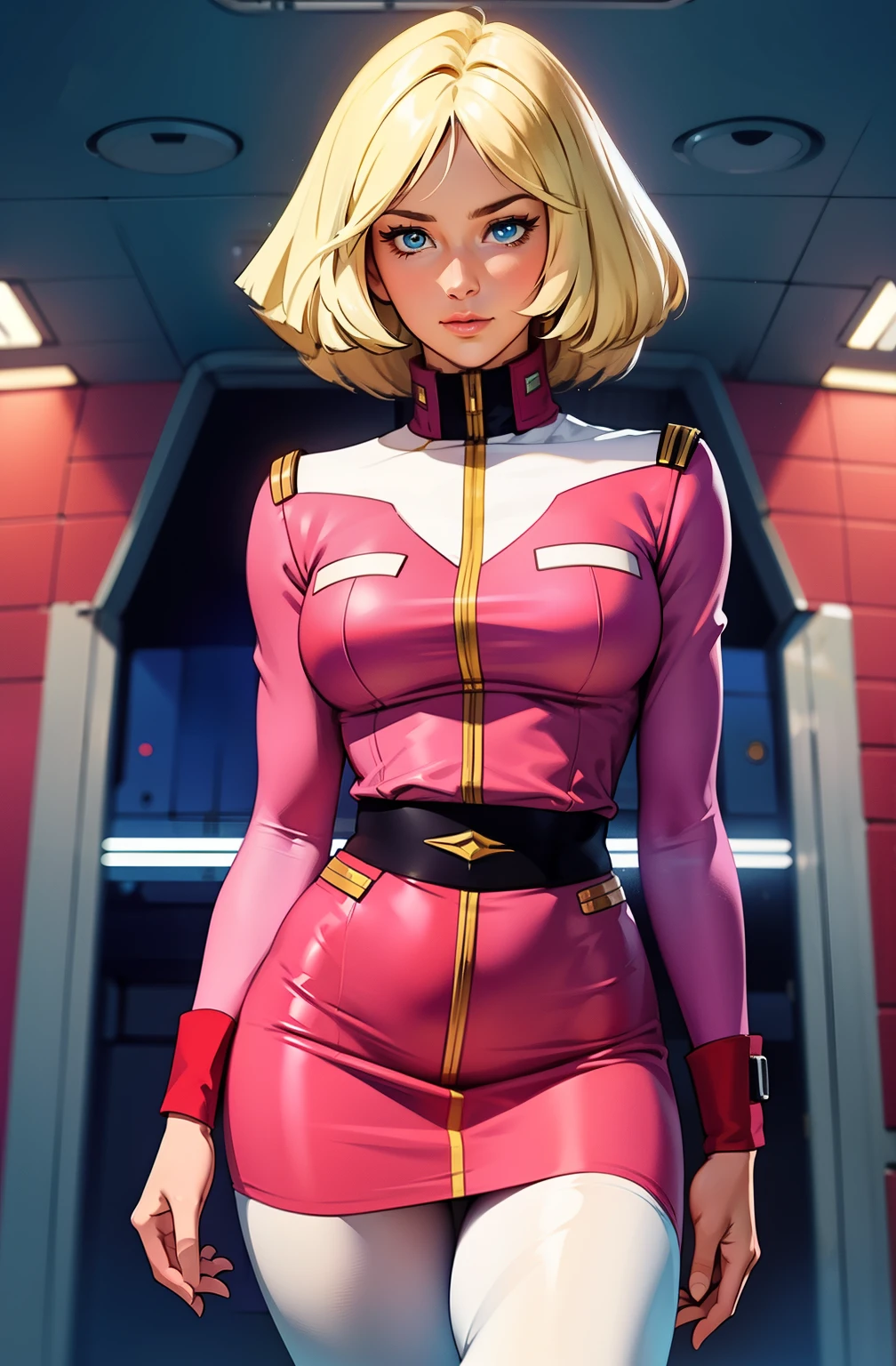 ((masterpiece)), ((cinematic lighting)), realistic photo、Real Images、Top image quality、1girl in, sayla mass, Elegant, masterpiece, Convoluted, slim arms, wide hips, thick thighs, thigh gaps, Best Quality, absurderes, high face detail, Perfect eyes, mature, Cowboy Shot, , Vibrant colors, soft pink uniform, soft pink Skirt, white tights