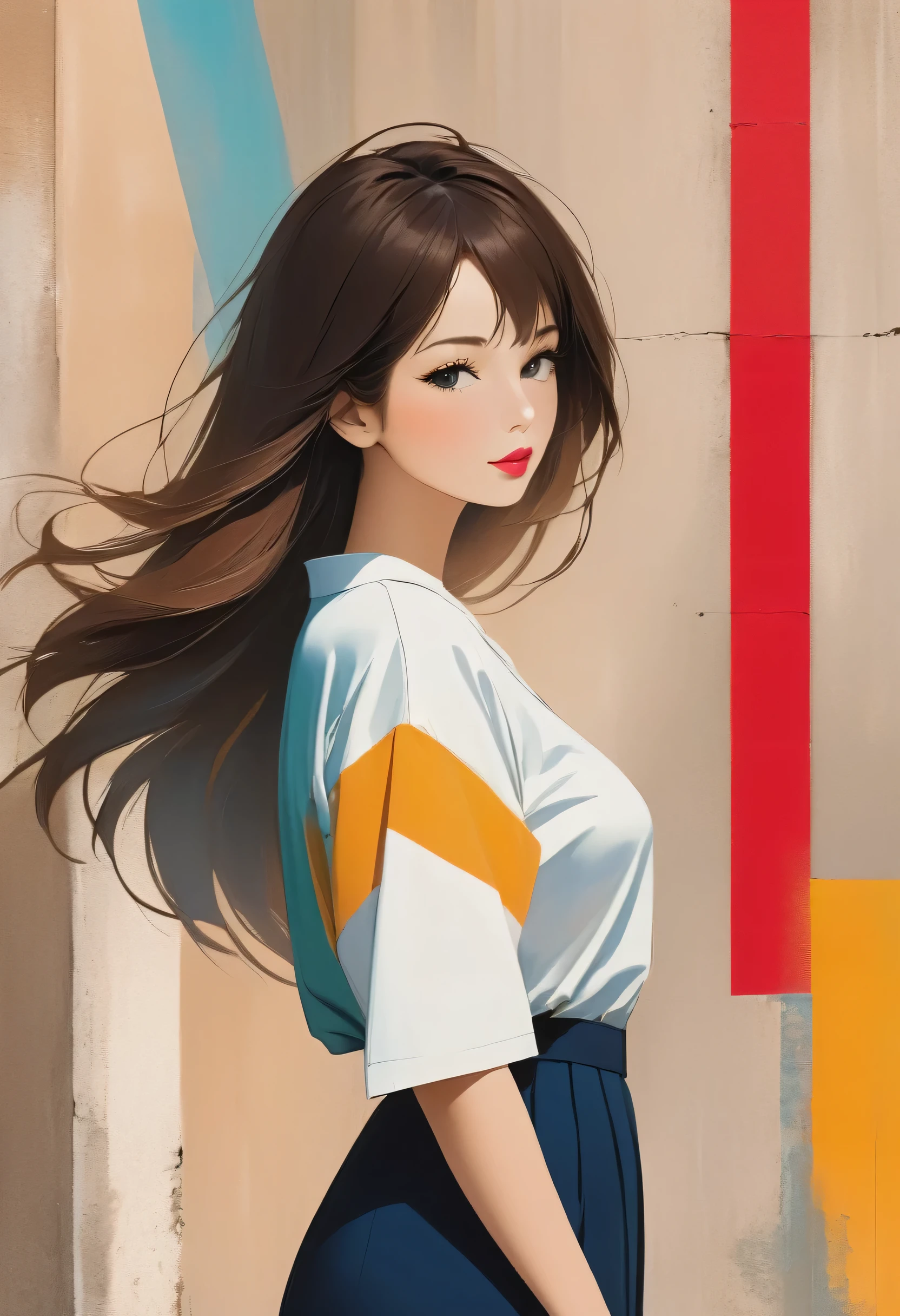 Watase Seizo style, Standing in front of a high wall,Simple Line Initialism,Abstract art,Urban Background, (((The most beautiful girl))), Lips in Love