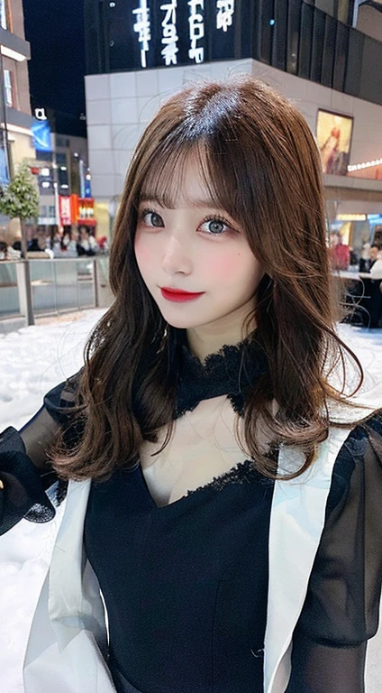 table top, highest quality, shape, Super detailed, finely, High resolution, 8k wallpaper, Perfect dynamic composition, beautiful and detailed eyes , Brown long hair、A cute black dress、The background is a snowy landscape