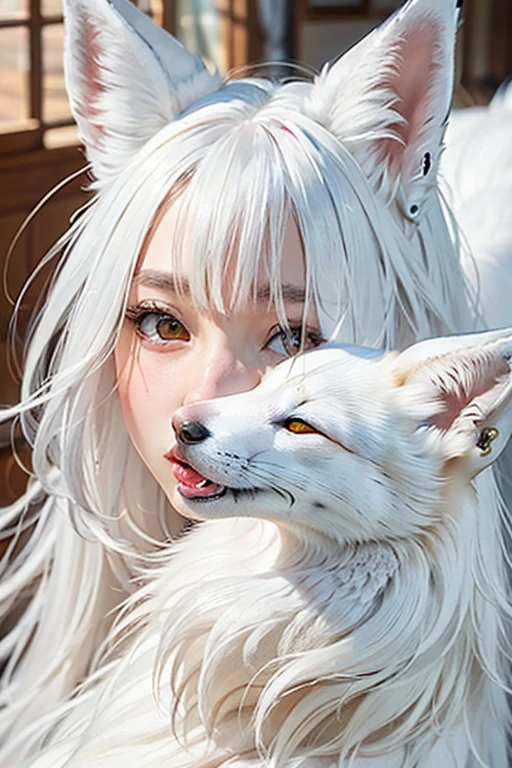 ((Best quality, front facing、A white fox's head, a snow leopard's body and two white snake tails、Four-legged Nue god)), ((masterpiece)), (detailed), Perfect Face