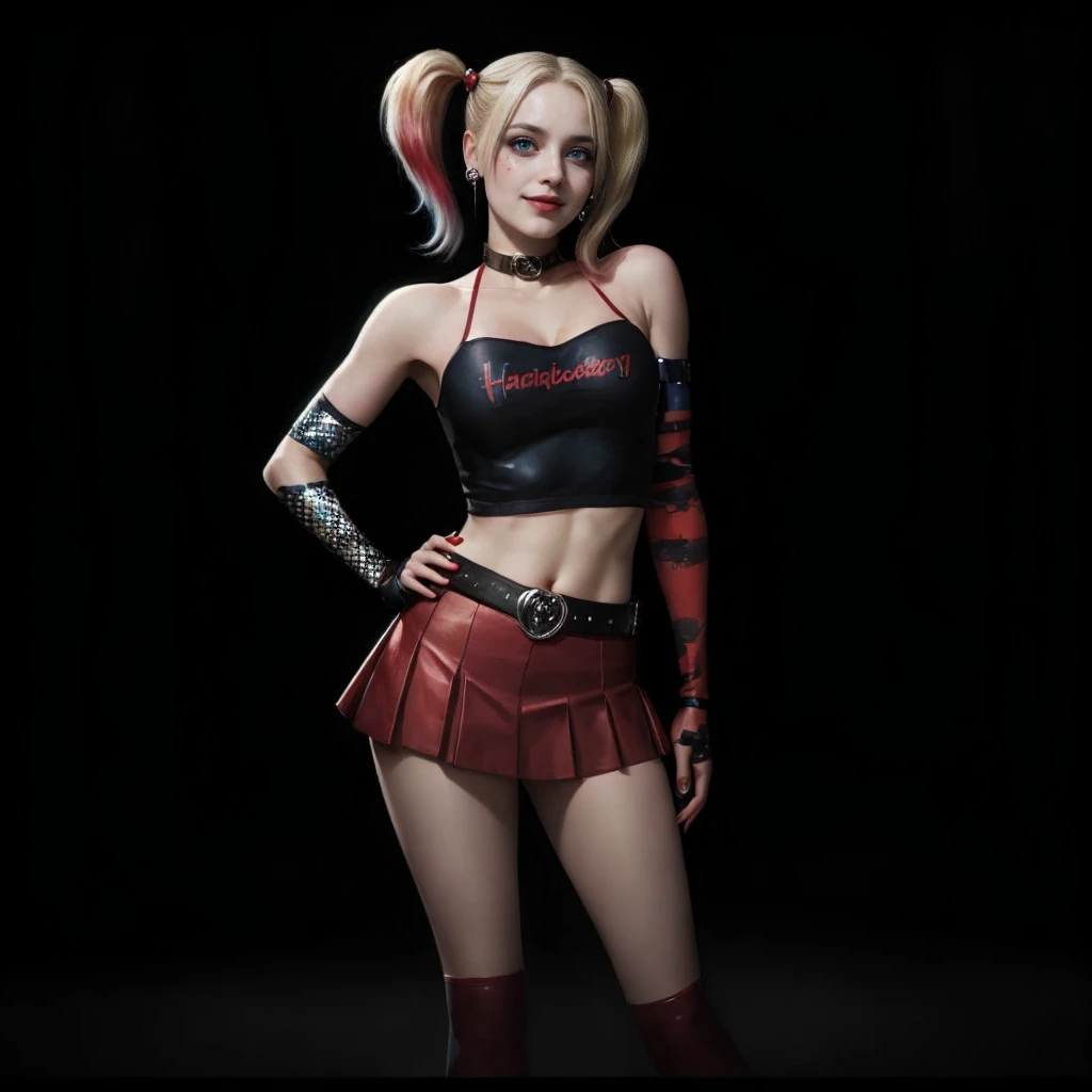 HarleyQuinn, light blue eyes, (best quality,ultra-detailed),(Realistic:1.37), beautiful and detailed face, Ultra-realistic texture, delicate face, athletic body, vivid colors. High definition, 8K. cute smile expression