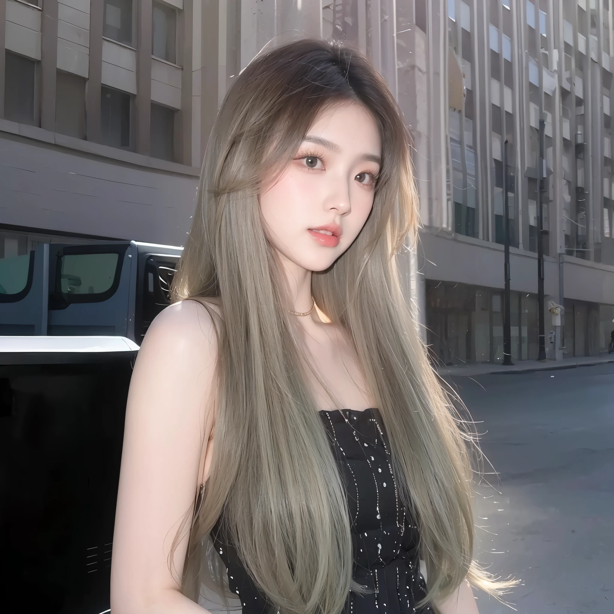 Gradient color long straight hair，Background building simple and clean，Natural and beautiful hair