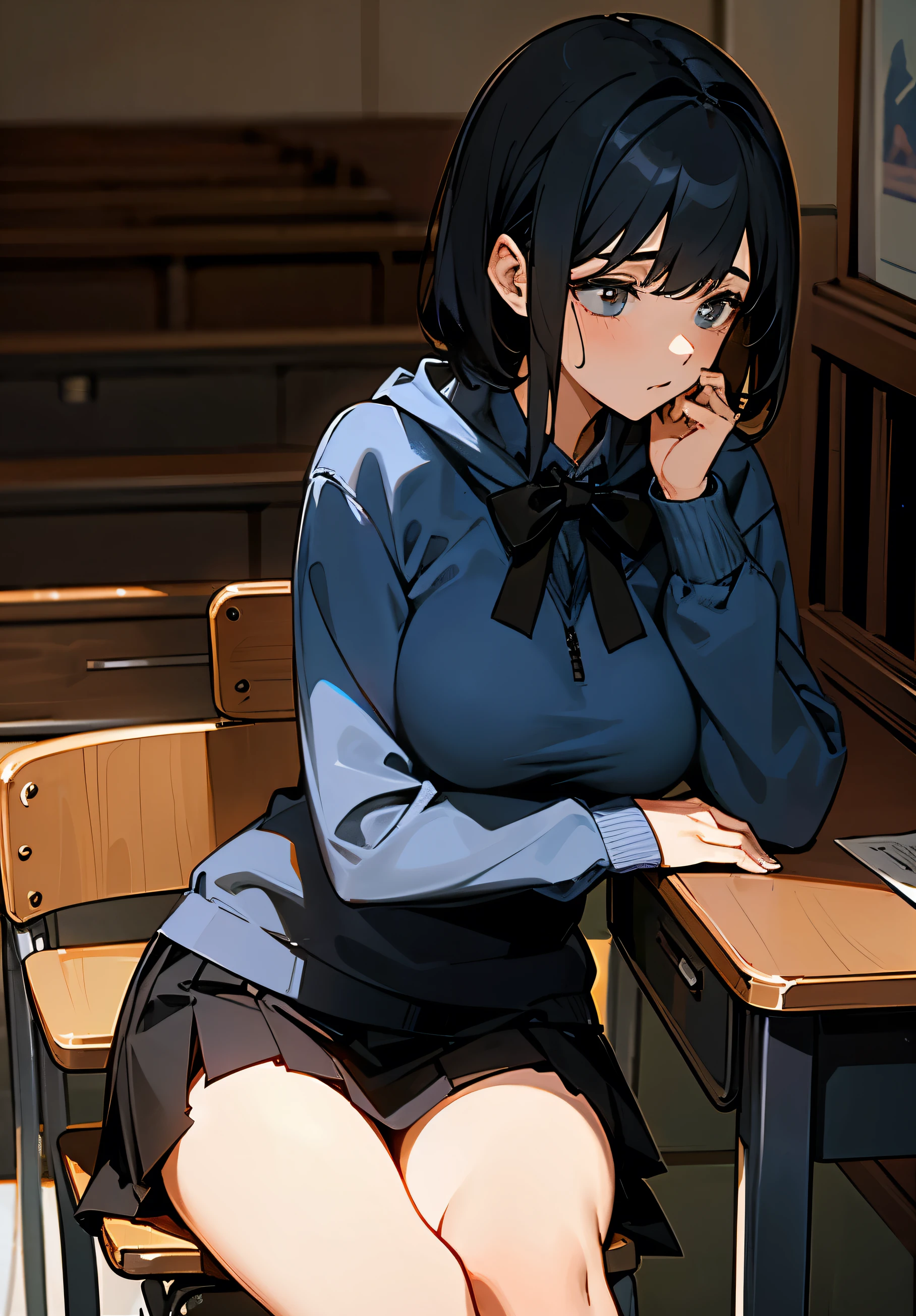 {best quality},lecture room、black hair short、woman、Large beautiful breasts、Sweatshirt、skirt、sit in a chair 、Leaning your elbows on the desk、Pensive、looking away from the camera、Side view、cowboy shot