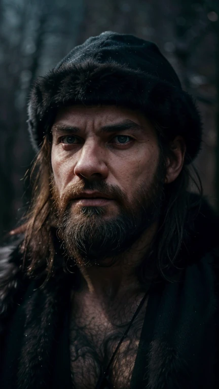 Masterpiece, best quality, (very detailed CG unit 8k wallpaper) (best quality), (best illustration), (best shadows) (male), --v6, a powerful viking man, detailed facial features, intense gaze, long gray hair and beard, wearing black fur cloak over hes head, snowy woods landscape, dramatic lighting, cinematic composition, dark fantasy, moody colors, muted tones, looking at the camera, detailed beard, dusk atmosphere, 8k, absurd resolution, masterpiece, portrait, extraordinary face detail, award winning portrait, angry face, terror movie style picture, bright green eyes, detailed furry cloak over head, bleading nose, dark vibe, gothic style make-up