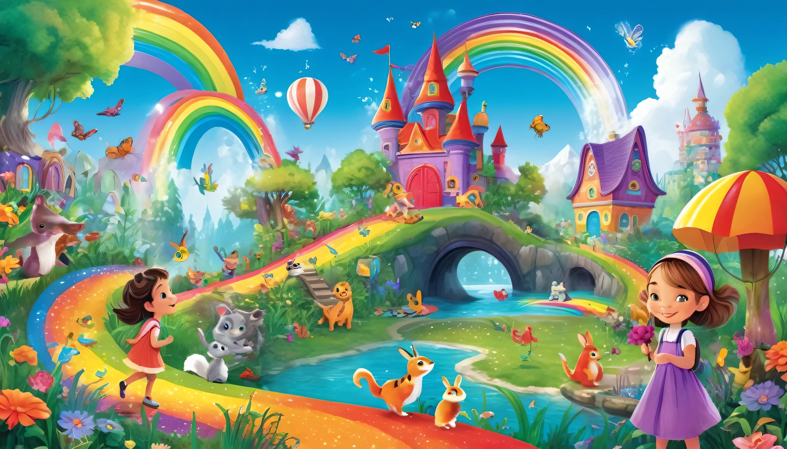 "Generate a colorful and enchanting background scene filled with vibrant characters and imaginative elements. Depict children joyfully exploring together in a whimsical world of words, accompanied by playful creatures, magical landscapes, and delightful details. Include whimsical creatures, such as friendly animals, sparkling letters, rainbow paths, enchanted forests, and other playful elements to captivate and delight kids."