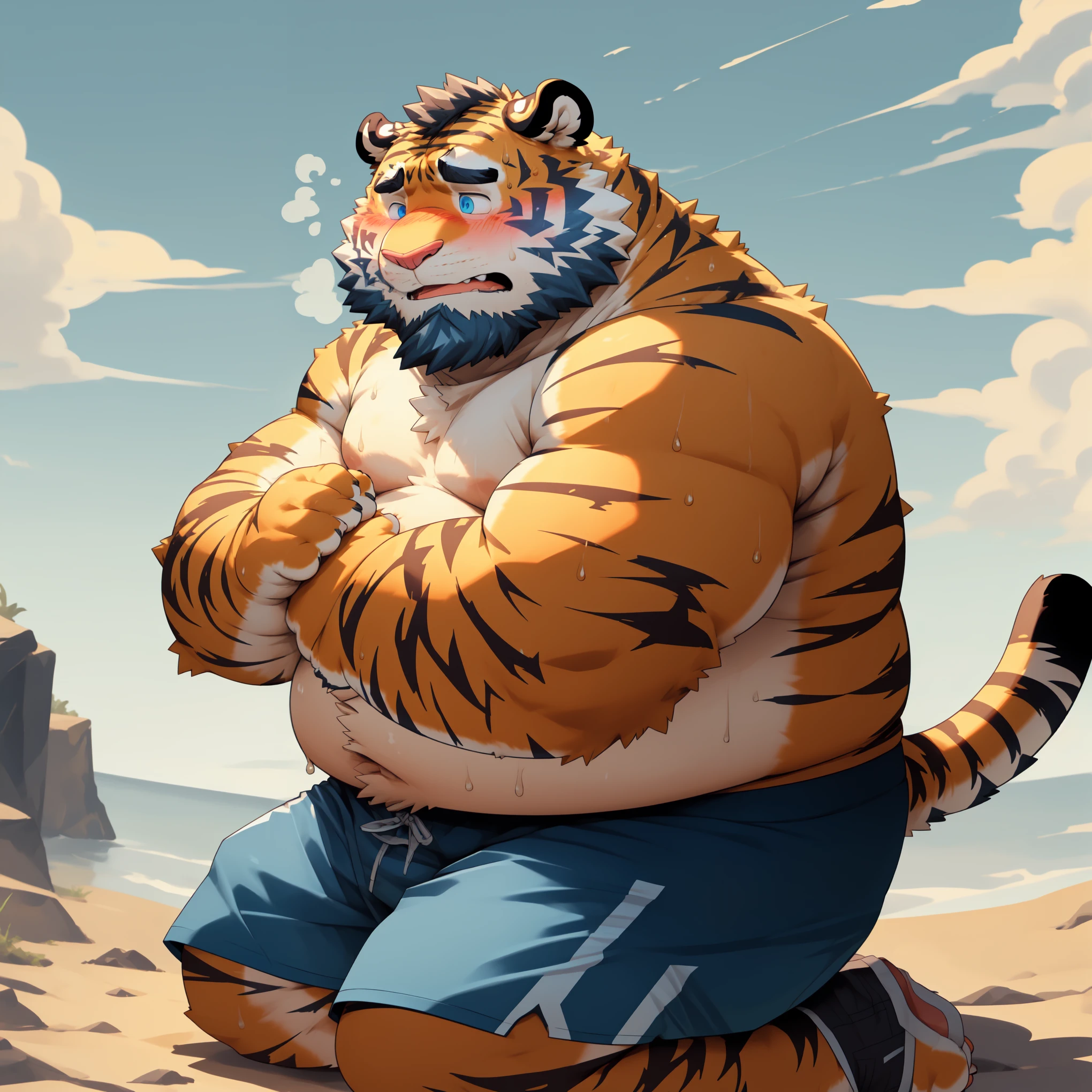 New Jersey 5 Furry,Tiger,Solitary,Chubby,Fat,Thick arms,Rugged muscles,shorts,orange Plush fur,Chubby Face,Black eyebrows,Sky blue eyes,Beard,(topless,shorts),(blush),(Sweating),Kneel down，Wronged，Pinching face with both hands，Chin on both hands