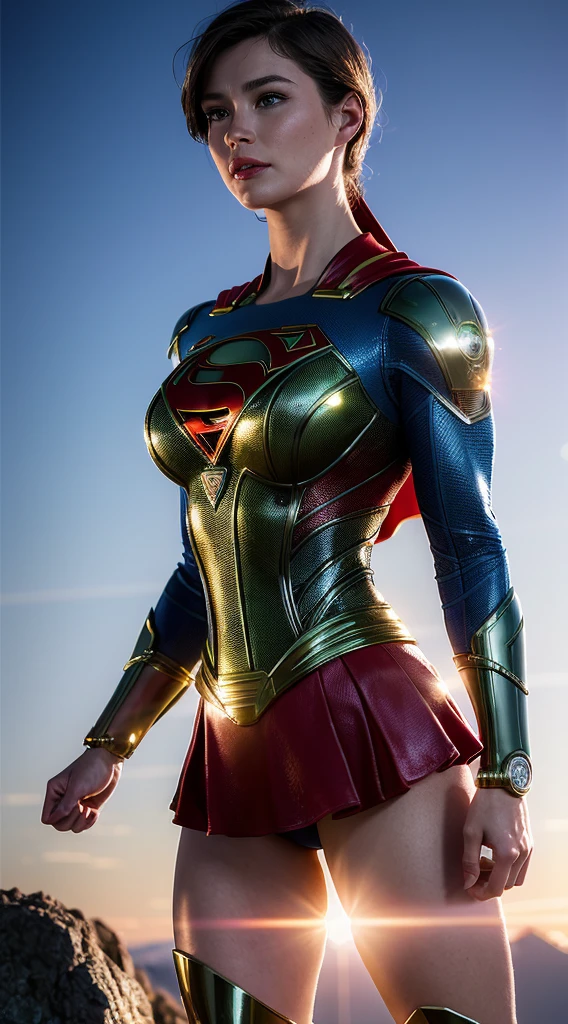 ultra detailed complex 3d rendering of a gorgeous profile of a supergirl porcelain android face, cyborg, robotic parts, 150 mm, beautiful soft studio light, rim light, vibrant details, luxurious cyberpunk, lace, hyper-realistic, anatomical, facial muscles, electrical cables, microchip, elegant, beautiful background, octane rendering, HR Giger style, 8k, best quality, Supergirl masterpiece, illustration, extremely delicate and beautiful, short haired brunette, extremely detailed, CG, unit, wallpaper, (realistic, photorealistic: 1.37), amazing, finely detailed, masterpiece, best quality, official art, 8k unit wallpaper CG extremely detailed, absurd, incredibly absurd, robot, silver helmet, full body, sitting, superman symbol S on chest, in action. (chubby:1.3), (Thick thighs:1.2), huge breasts:1.2) ((Standing in the middle TOP OF A HIGH ROCKY MOUNTAIN, SUNSET, BLUE SKY,))