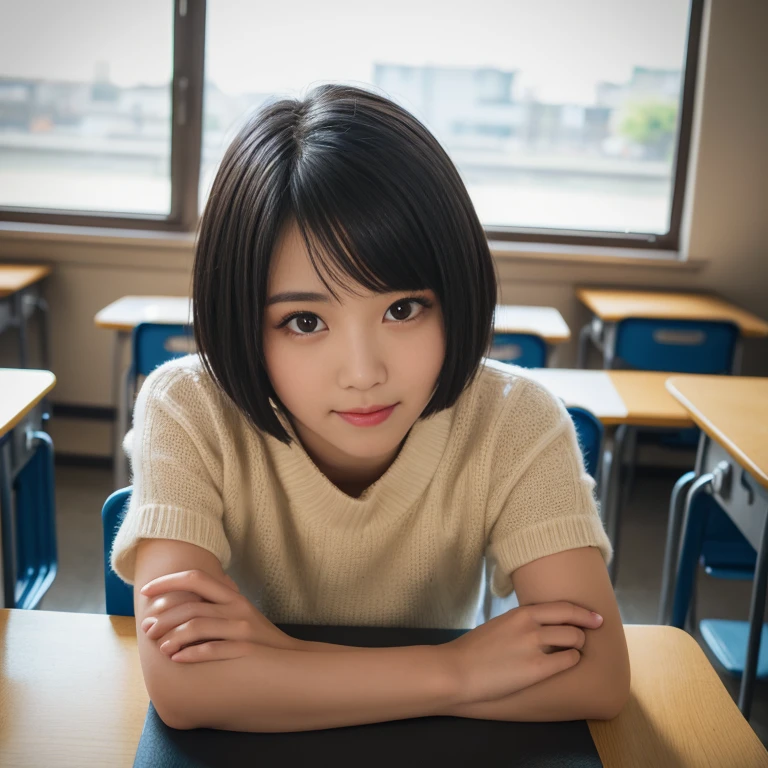 (happy expression:1.26)、RAW photo、(((Ultimate beauty half body photo shoot)))、((glowing skin))、1 girl、30 year old beautiful girl in Prague、10th generation、primary school student、young、Young Face、bright look、detailed face、bewitching、((black haired、short cut hair:1.2))、(Sitting on a chair with elbows on a school desk and legs wide)、((standing on tiptoe))、counter point shot、((super detailed))、(Perfectly detailed face)、(detailed hands)、(finger details)、(excellent human structure)、photorealistic imageasterpiece、最high quality、super detailed、film light、intricate details、High resolution、very detailed))、detailed background、8KUHD、Digital single-lens reflex camera、soft light、high quality、film grain、Fujifilm XT3 、shallow depth of field、natural soft light、Kamimei、classroom、View from slightly below