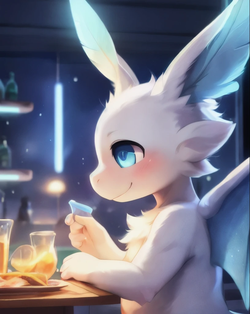 (By Hilpi, by Supplesee, By Dagasi, animal crossing), (side view, stand, smile, Belp:1.25), (Shaking the single-haired dragon, Chibi, spread wing, hands free:1.3), (fluffy, White body, wing, blue eyes, round eyes, blue antenna, feather antenna, white claws:1.25), Take a break, (dinner, nighttime, potion, living room, inside, Yellow light, blue light, neon light:1.25), Detailed background, depth of field, shadow, sunlight, ภาพshadowโดยรอบ, Backlight, Masterpiece, best quality, ultra realistic, 4k, 2k, (Highly detailed:1.25), film photography, Soft focus, raw photos, realistic, Analog style, subsurface scattering, Optical Realism, Ridiculous resolution