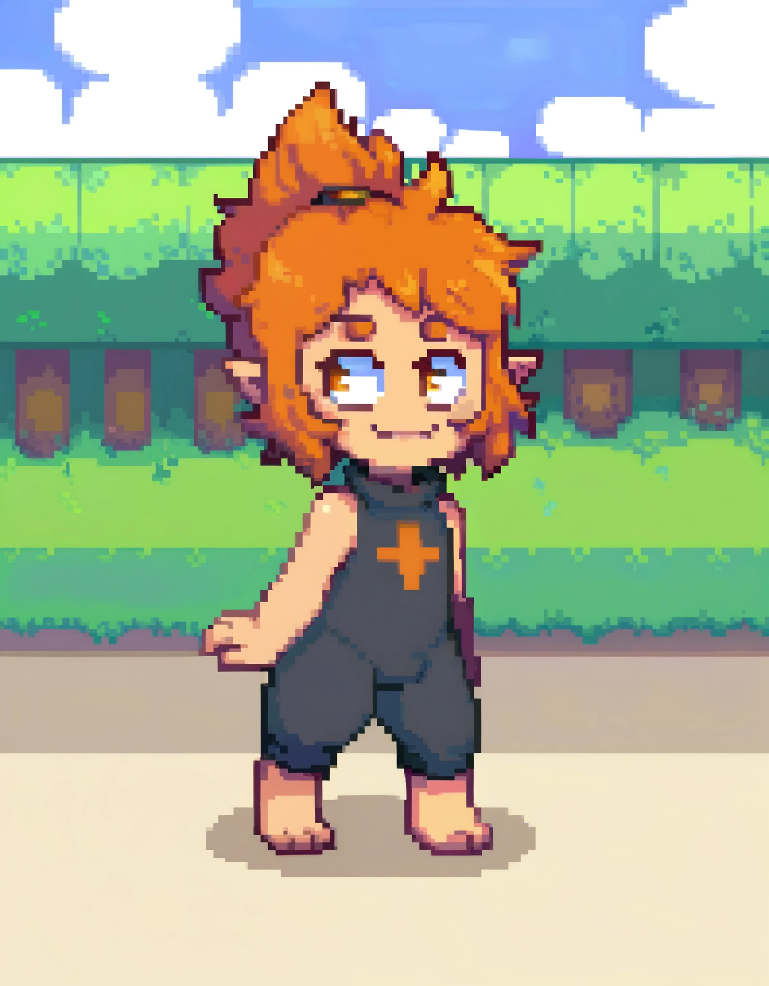 score_9, score_8_up, score_7_up,((best quality)), absurdres,((full body)), ElelyPXL, elely, barefoot, orange hair, brown eyes,pointy ears,red hairband,sleeveless,baggy clothing,black clothes,white background,slim,standing,hand in hip,smile,, upper body pixel,pixel art, 8 bits,