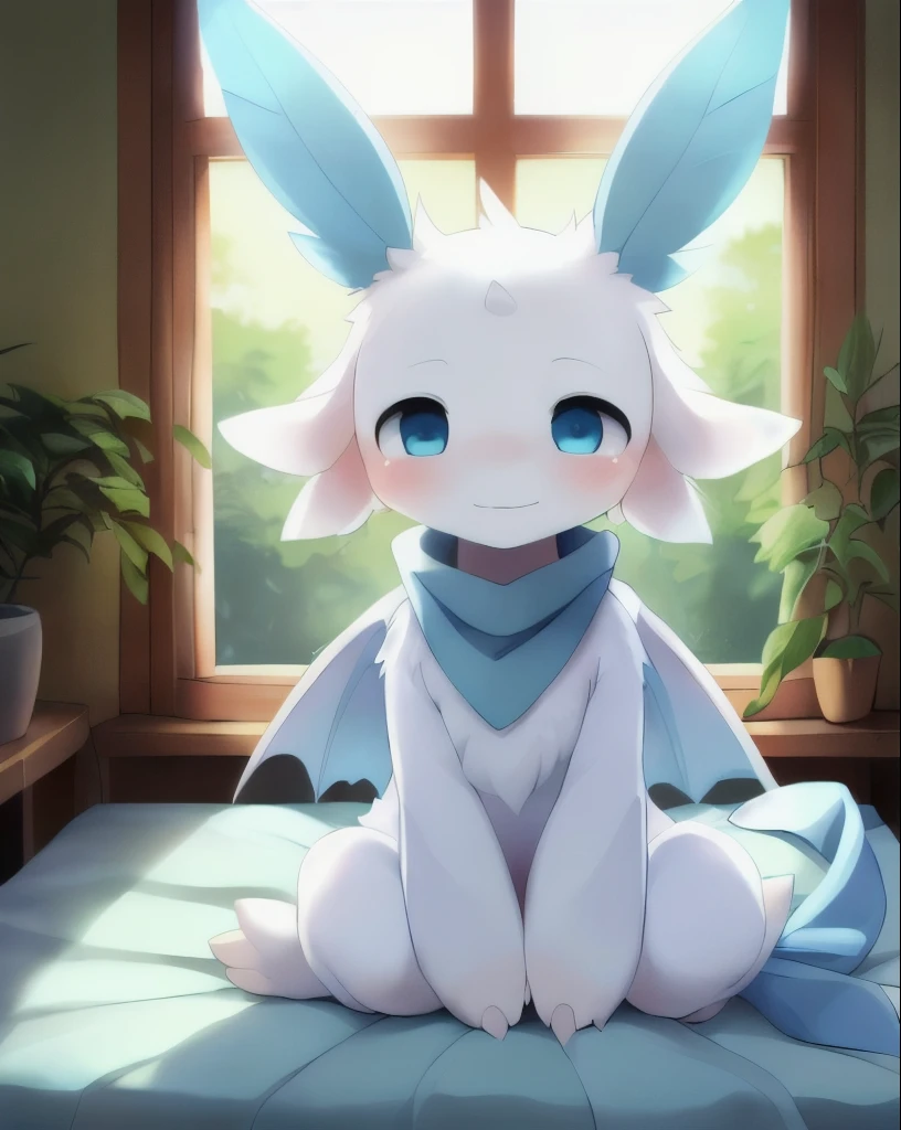 (by Ricegnat, By Bebebebebe, by Prrrrrrrmine, By Dagasi), (Tuni, front view, sit, Close your eyes, sleep:1.25), (Shaking the single-haired dragon, Chibi, spread wing, blue scarf:1.3), (fluffy, White body, wing, blue eyes, round eyes, blue antenna, feather antenna, white claws:1.25), Take a break, (sheet, bedroom, inside, plant, window:1.25), Detailed background, depth of field, shadow, sunlight, ภาพshadowโดยรอบ, Backlight, Masterpiece, best quality, ultra realistic, 4k, 2k, (Highly detailed:1.25)