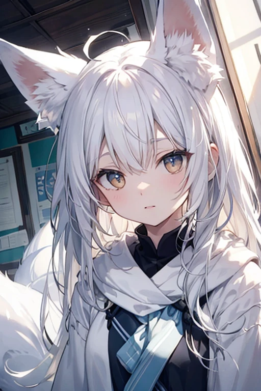 Front facing、A white fox's head, a snow leopard's body and two white snake tails、Nue sitting on all fours