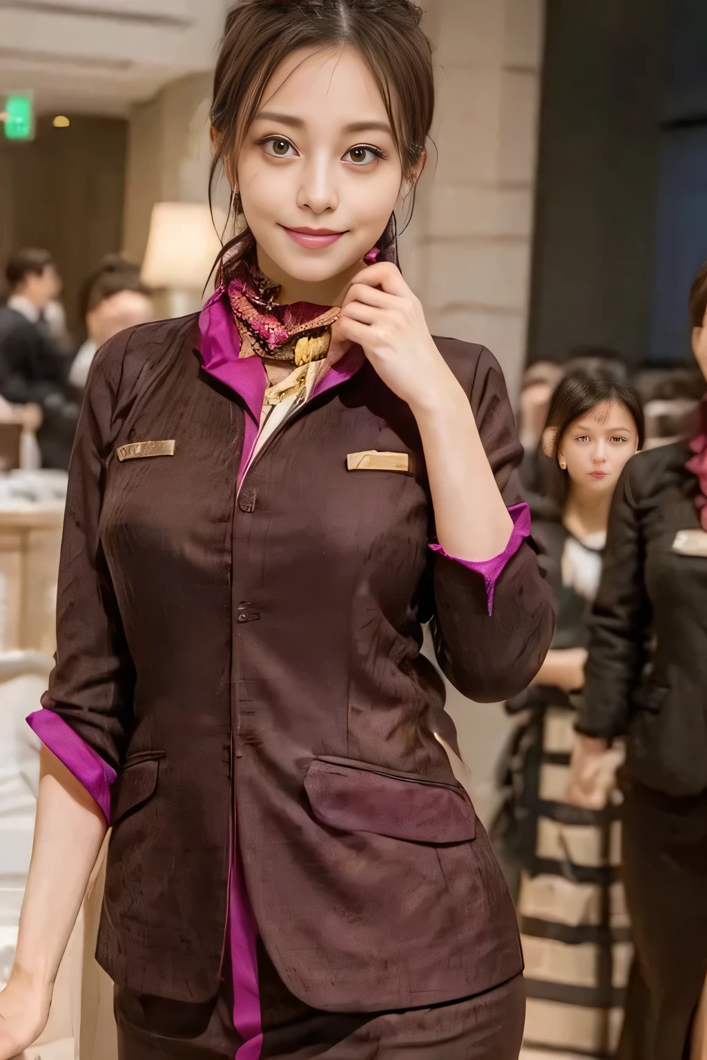 (masterpiece:1.2、highest quality:1.2)、32K HDR、High resolution、(alone、1 girl、Slim figure)、（A realistic reproduction of the ETIHAD Airways Cabincrew Uniform）、 (At the airport lounge, Professional Lighting)、Airport lounge wall background、A proper woman, Beautiful Face,、（Long sleeve ETIHAD Airways Cabincrew Uniform）、（ETIHAD Airways Cabincrew Uniform skirt with purple stripe on the front）、（scarf on chest）、Big Breasts、（Chignon、Long hair updo、Hair Bun）、Dark brown hair、Long Shot、（（Great hands：2.0））、（（Harmonious body proportions：1.5））、（（Normal limbs：2.0））、（（Normal finger：2.0））、（（Delicate eyes：2.0））、（（Normal eyes：2.0））)、Beautiful standing posture、smile、Place your hands around your stomach