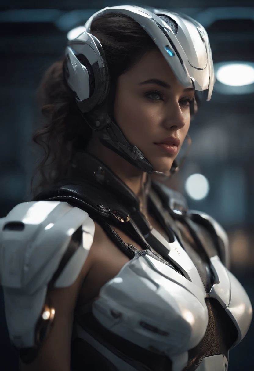 masterpiece, best quality, ultra realistic, hyper-detailed, 8k resolution, RAW photo, sharp focus, (1girl), solo, gorgeous face, perfect body, mature female, 25yo, portrait, mecha, white armor, nanosuit, sexy, messy hair, cinematic, cinematic light, dark theme