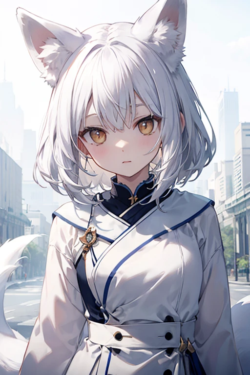 Front facing、A white fox's head, a snow leopard's body and two white snake tails、Nue sitting on all fours