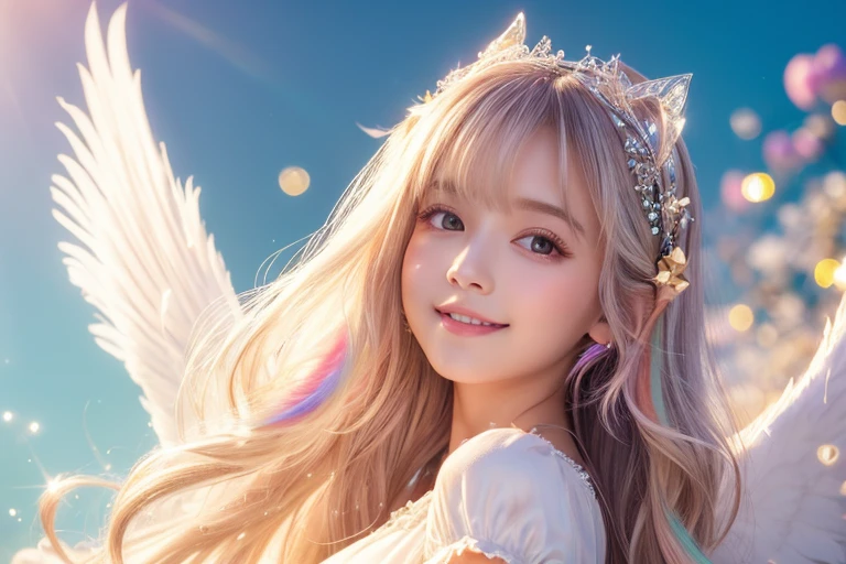Use magic,heaven,tiara,Angel,Lolita,woman,Smile,Short sleeve,race,Lens flare,magical energy,healing,Sparkly Background,noon,summer,Light of the sun,Light background,Light blue sky,cute,Princess,clear,happiness,Angelの羽根,Fairy Wings,Silky shiny hair,Glossy Skin,Long Hair,Fairyland,Soft light,,dream,hope,Pop Art,pastel colour,Big Rainbow,Sparkling Eyes,fine,Non-Adult,High resolution,light peach-colored hair,Wavy Hair,Thin eyebrows,Fluffy Feathers,Feathers fluttering