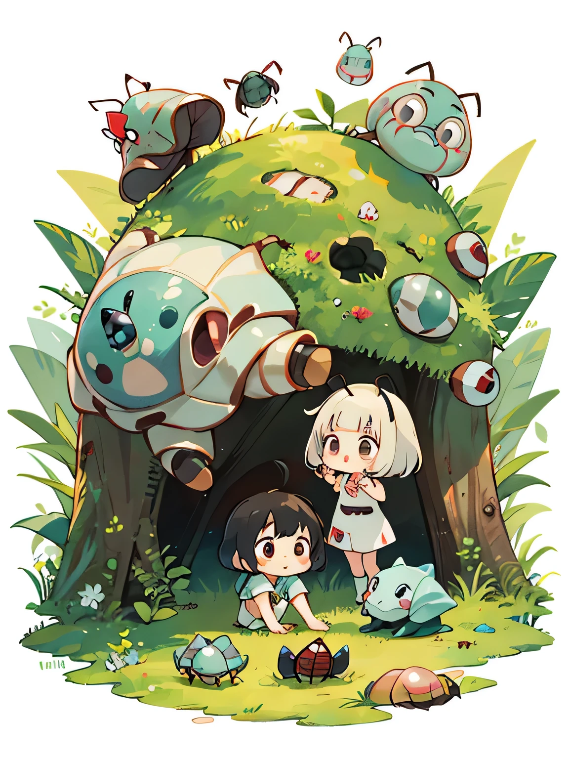 hayao miyazaki style, Kawaii Design, (((10 people)))、most beautiful girl ever、Chibi, Colorful bob hair、((Lots of friends))、(((Cute pillbug)))、Totoro Forest