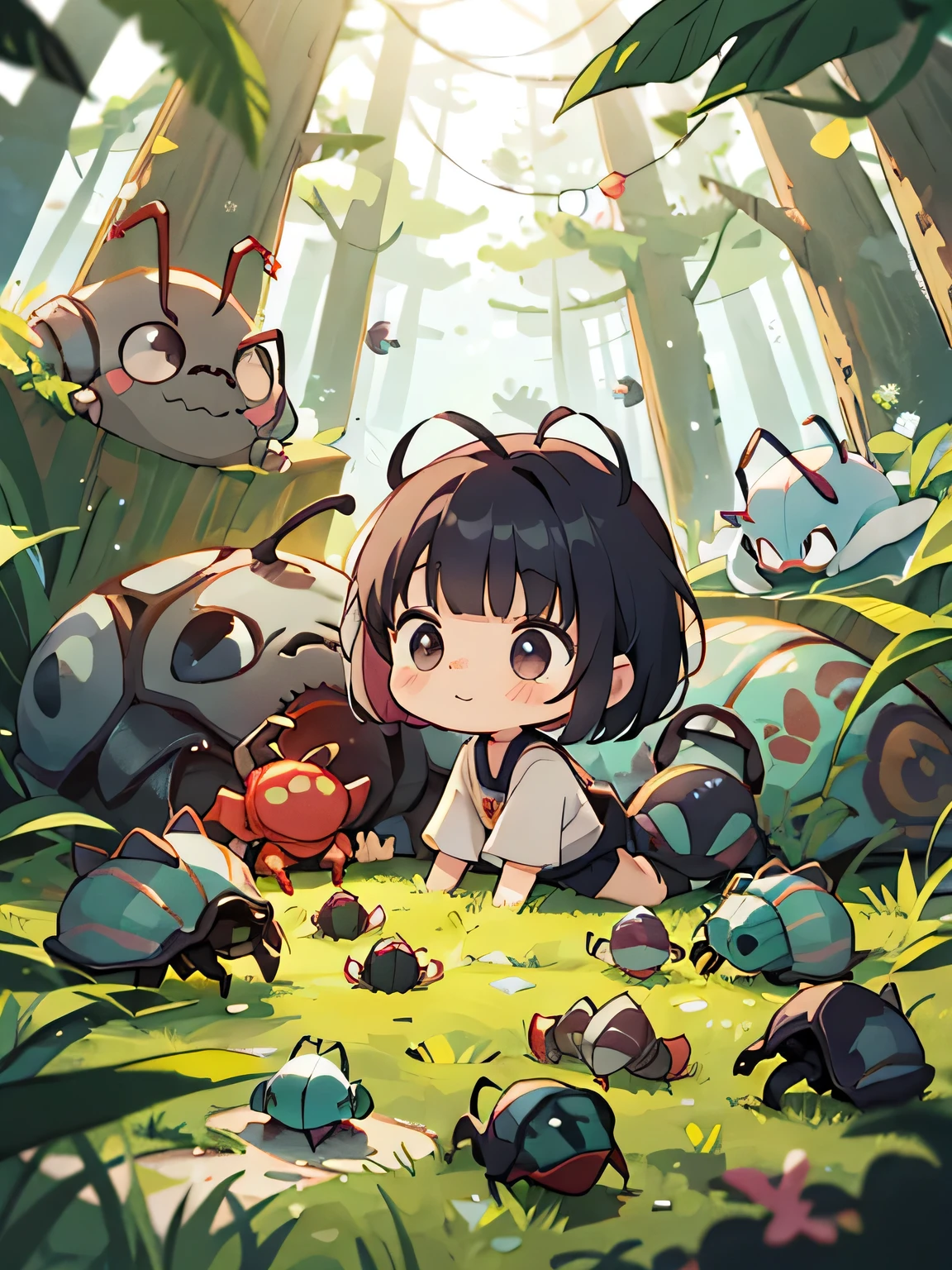 hayao miyazaki style, Kawaii Design, (((10 people)))、most beautiful girl ever、Chibi, Colorful bob hair、((Lots of friends))、(((Cute pillbug)))、Totoro Forest