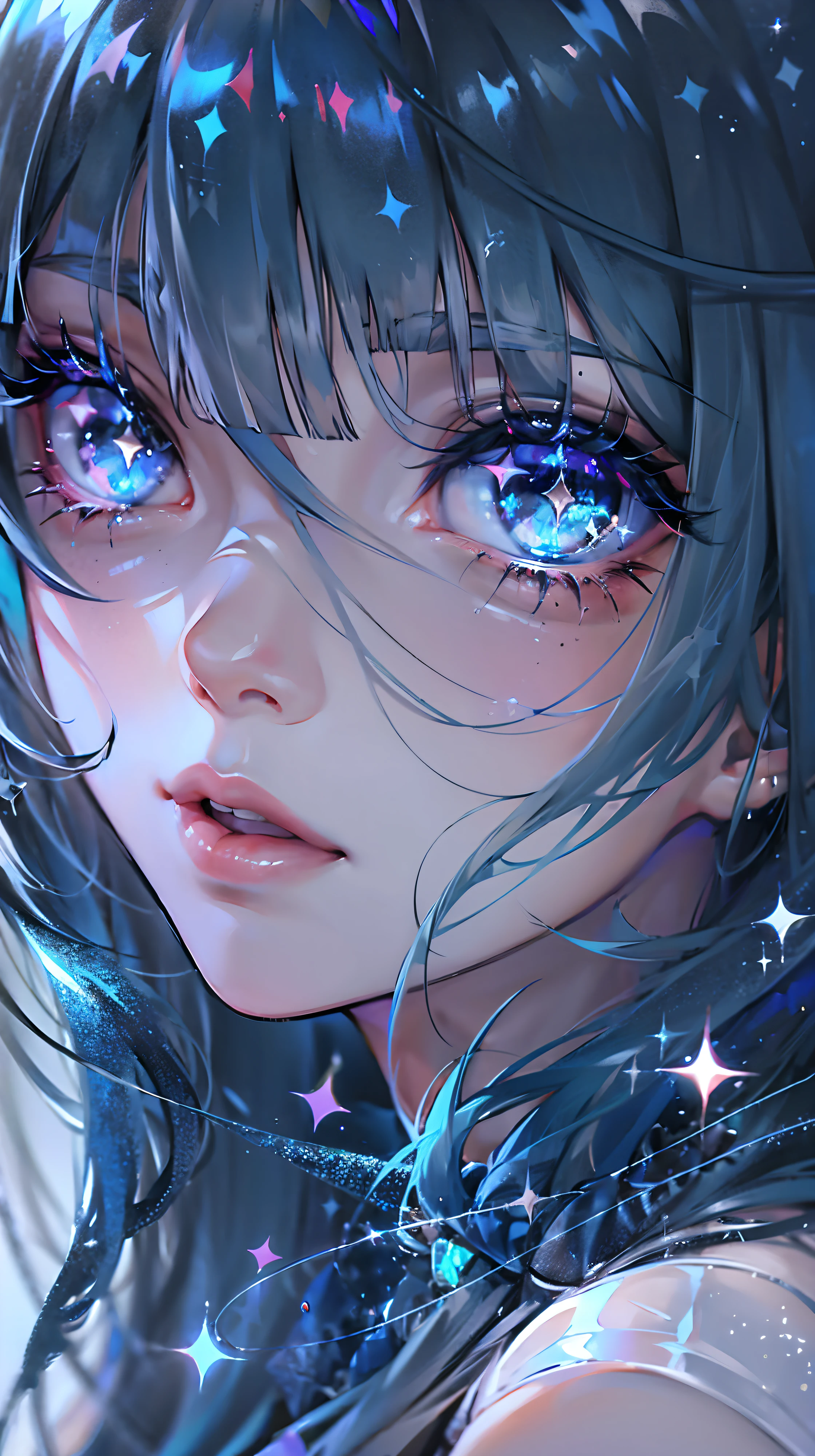 ((Beautiful, sparkling, extremely bright blue eyes)), Beautiful eyelashes, (((Black blunt bangs long hair)))