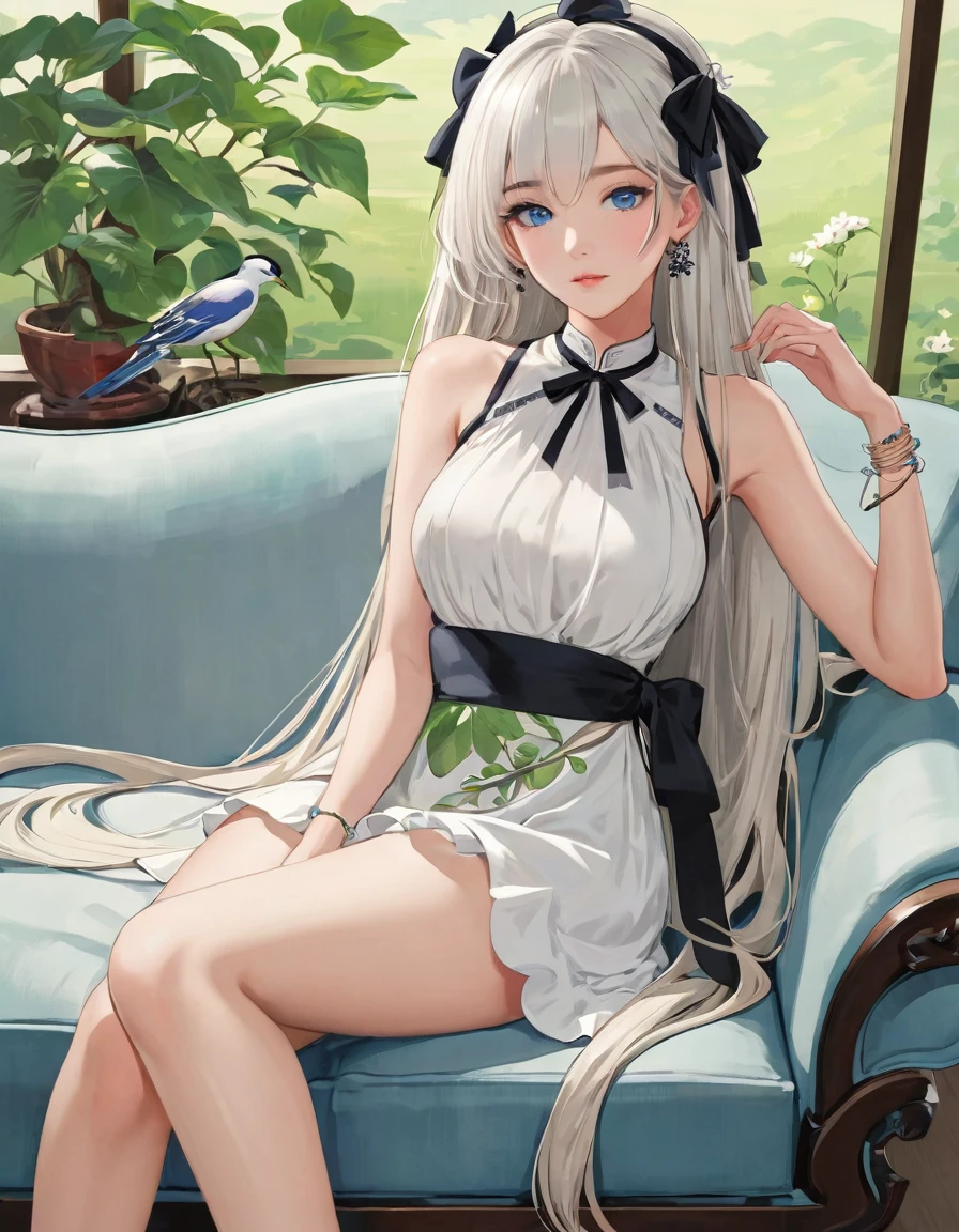 hezi, fresh illustration, flat paint style, sky, cloud, plant, 1girl, solo, dress, blue eyes, long hair, white dress, looking at viewer, jewelry, breasts, bare shoulders, couch, earrings, white hair, parted lips, sleeveless, sleeveless dress, bare arms, bangs, ribbon, collarbone, feet out of frame, blush, thighs, bare legs, bracelet, hair ribbon, on couch, hair ornament, indoors, medium breasts, on back, lying, frilled dress, hand up, very long hair, black ribbon, pillow, flower, legs, A ink painting of a tranquil orchard with Chinese writing on it and a pair of birds building their nest, with a fruit-laden branch in the foreground, An Zhengwen, organic painting, a minimalist painting, art & language, ink and wash