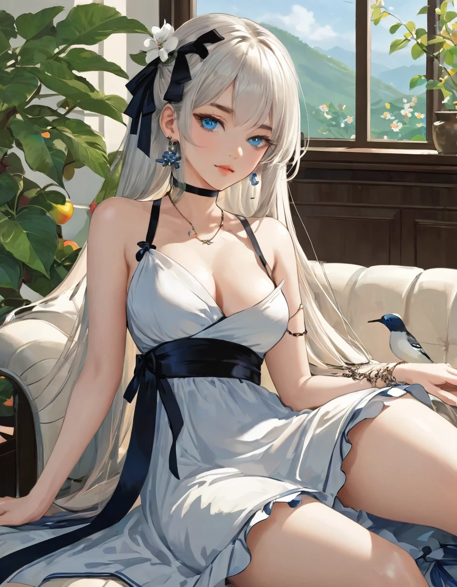 hezi, fresh illustration, flat paint style, sky, cloud, plant, 1girl, solo, dress, blue eyes, long hair, white dress, looking at viewer, jewelry, breasts, bare shoulders, couch, earrings, white hair, parted lips, sleeveless, sleeveless dress, bare arms, bangs, ribbon, collarbone, feet out of frame, blush, thighs, bare legs, bracelet, hair ribbon, on couch, hair ornament, indoors, medium breasts, on back, lying, frilled dress, hand up, very long hair, black ribbon, pillow, flower, legs, A ink painting of a tranquil orchard with Chinese writing on it and a pair of birds building their nest, with a fruit-laden branch in the foreground, An Zhengwen, organic painting, a minimalist painting, art & language, ink and wash
