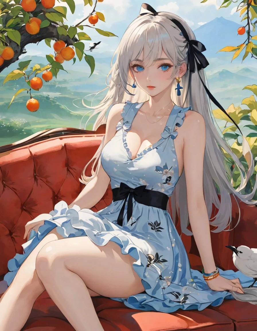 hezi, fresh illustration, flat paint style, sky, cloud, plant, 1girl, solo, dress, blue eyes, long hair, white dress, looking at viewer, jewelry, breasts, bare shoulders, couch, earrings, white hair, parted lips, sleeveless, sleeveless dress, bare arms, bangs, ribbon, collarbone, feet out of frame, blush, thighs, bare legs, bracelet, hair ribbon, on couch, hair ornament, indoors, medium breasts, on back, lying, frilled dress, hand up, very long hair, black ribbon, pillow, flower, legs, A ink painting of a tranquil orchard with Chinese writing on it and a pair of birds building their nest, with a fruit-laden branch in the foreground, An Zhengwen, organic painting, a minimalist painting, art & language, ink and wash