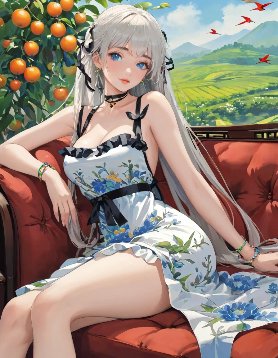 hezi, fresh illustration, flat paint style, sky, cloud, plant, 1girl, solo, dress, blue eyes, long hair, white dress, looking at viewer, jewelry, breasts, bare shoulders, couch, earrings, white hair, parted lips, sleeveless, sleeveless dress, bare arms, bangs, ribbon, collarbone, feet out of frame, blush, thighs, bare legs, bracelet, hair ribbon, on couch, hair ornament, indoors, medium breasts, on back, lying, frilled dress, hand up, very long hair, black ribbon, pillow, flower, legs, A ink painting of a tranquil orchard with Chinese writing on it and a pair of birds building their nest, with a fruit-laden branch in the foreground, An Zhengwen, organic painting, a minimalist painting, art & language, ink and wash