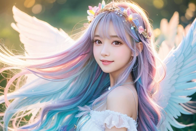Use magic,heaven,tiara,Angel,Lolita,woman,Smile,Short sleeve,race,Lens flare,magical energy,healing,Sparkly Background,noon,summer,Light of the sun,Light background,Light blue sky,cute,Princess,clear,happiness,Angelの羽根,Fairy Wings,Silky shiny hair,Glossy Skin,Long Hair,Fairyland,Soft light,,dream,hope,Pop Art,pastel colour,Big Rainbow,Sparkling Eyes,fine,Non-Adult,High resolution,light peach-colored hair,Wavy Hair,Thin eyebrows,Fluffy Feathers,Feathers fluttering