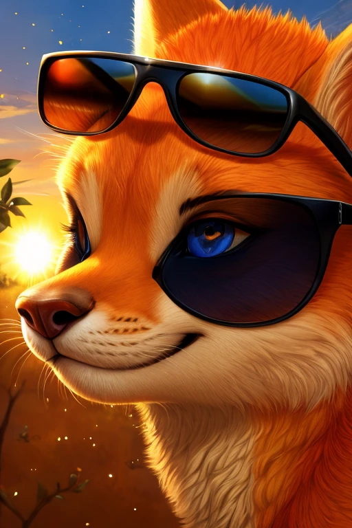 Medium close-up shot, slightly angled perspective, a high-quality, intricately detailed furry fruit orange wearing sunglasses, fur texture showing the skin's texture in exceptional detail, the sunglasses having reflective lenses, the orange's furry skin merging seamlessly into the orange's peel, juicy-looking, vibrant orange color, sunglasses resting on the orange's "eyes", furry fruit orange's mouth slightly open in a small, playful smile, furry fruit orange's furry tail curled around its body, background of a detailed, realistic, sun-kissed orchard, warm, golden hour lighting, particles of