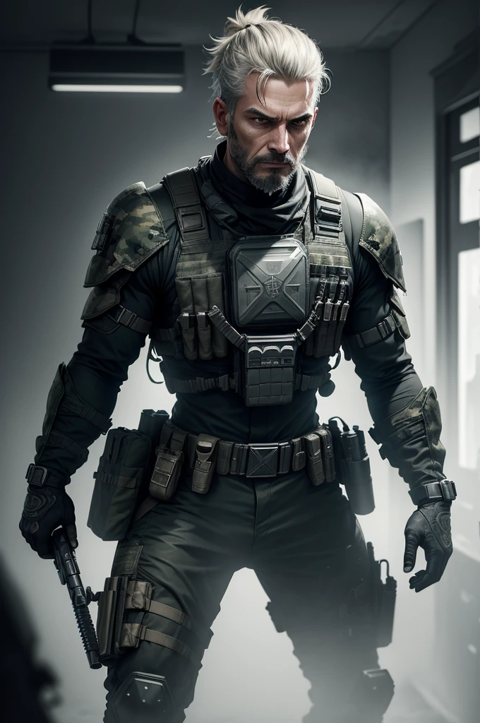 (best quality,ultra-detailed,realistic:1.37), personagem do jogo ghost do call of duty ghost, detailed eyes and face, detailed camouflage uniform, tactical vest, military boots, wielding advanced weapons, intense facial expression, intricate facial hair, futuristic environment, dark and gritty atmosphere, haunting shadows, dramatic lighting, high-res texture, professional level graphics, immersive gaming experience, adrenaline-pumping action.