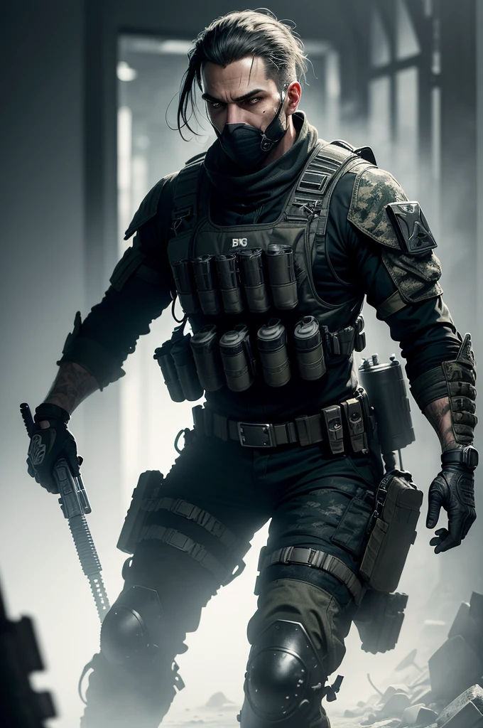 (best quality,ultra-detailed,realistic:1.37), personagem do jogo ghost do call of duty ghost, detailed eyes and face, detailed camouflage uniform, tactical vest, military boots, wielding advanced weapons, intense facial expression, intricate facial hair, futuristic environment, dark and gritty atmosphere, haunting shadows, dramatic lighting, high-res texture, professional level graphics, immersive gaming experience, adrenaline-pumping action.