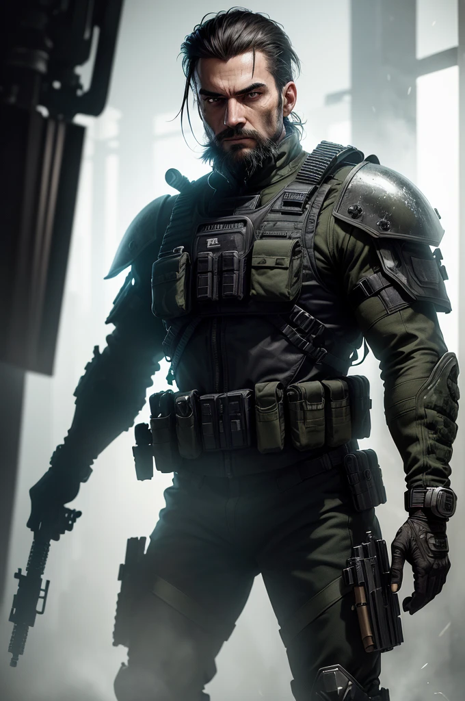 (best quality,ultra-detailed,realistic:1.37), personagem do jogo ghost do call of duty ghost, detailed eyes and face, detailed camouflage uniform, tactical vest, military boots, wielding advanced weapons, intense facial expression, intricate facial hair, futuristic environment, dark and gritty atmosphere, haunting shadows, dramatic lighting, high-res texture, professional level graphics, immersive gaming experience, adrenaline-pumping action.