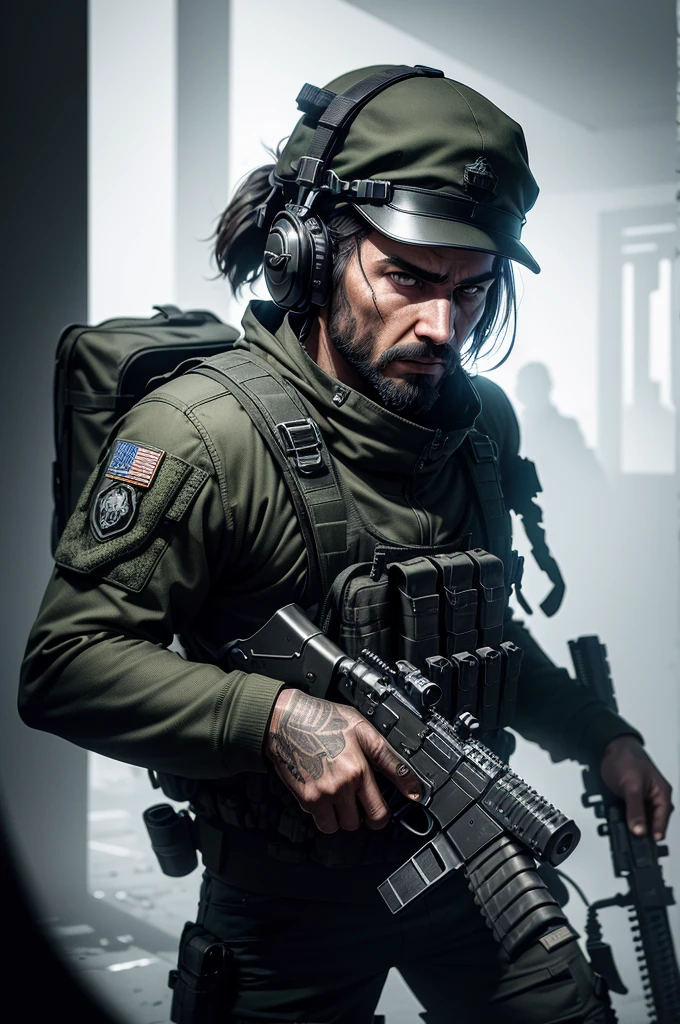 (best quality,ultra-detailed,realistic:1.37), personagem do jogo ghost do call of duty ghost, detailed eyes and face, detailed camouflage uniform, tactical vest, military boots, wielding advanced weapons, intense facial expression, intricate facial hair, futuristic environment, dark and gritty atmosphere, haunting shadows, dramatic lighting, high-res texture, professional level graphics, immersive gaming experience, adrenaline-pumping action.