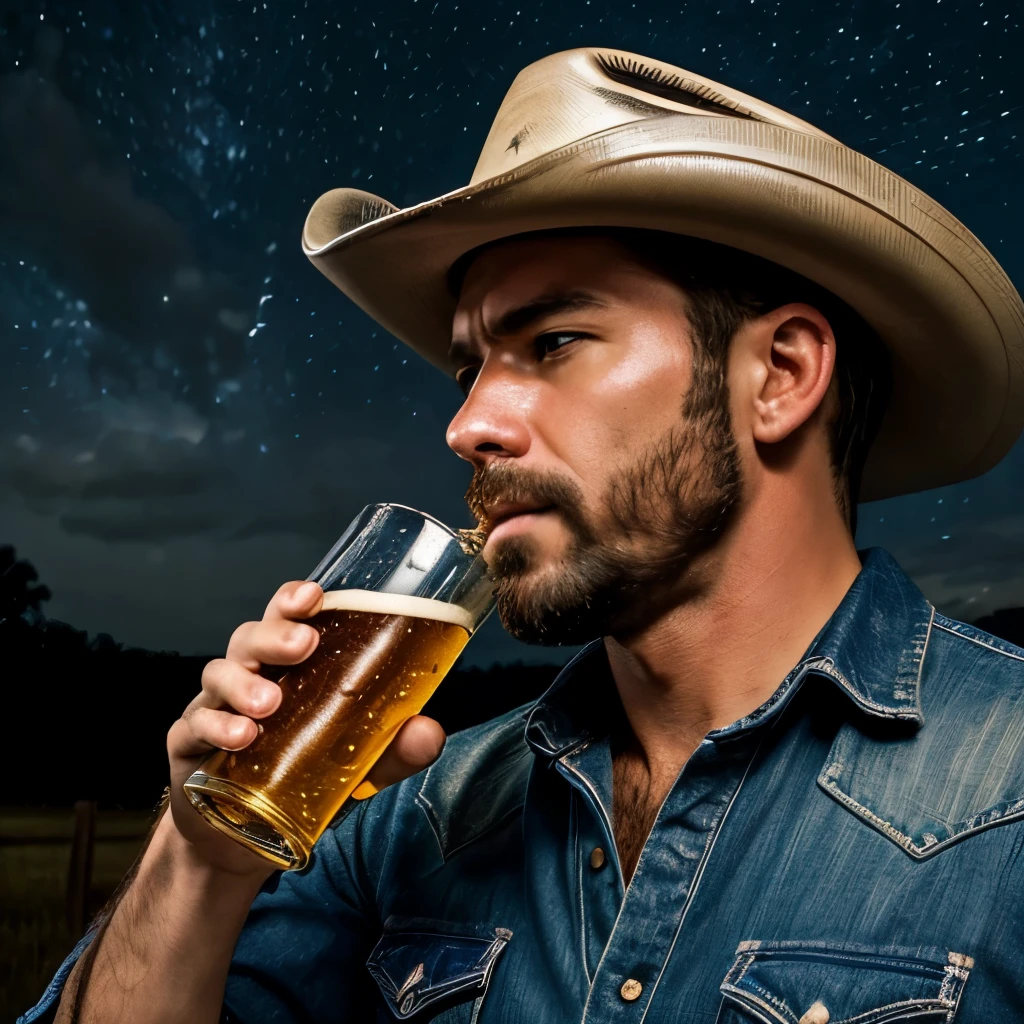 ((Masterpiece)) ((High resolution)) (1:1) Sad cowboy drinking a beer in the rain in the night starry sky