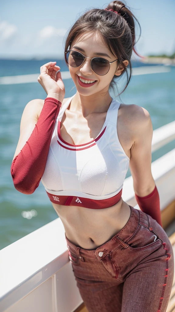 Above the sea、Fishing on a boat、((I'm catching a big tuna))、8k, top-quality, （pubic hair beauty）、hight resolution, lifelike, realperson,　Above the sea、The Sunshine、On a big ship、(Luxury liner)、Flirting and dancing、((a smile))、exclamation、One young and beautiful girl、huge tit、Beautiful waist constriction、beautiful legs、(((I wore an Adidas sports bra and tight red jeans.)))、Dancing in a variety of poses,Wear sunglasses