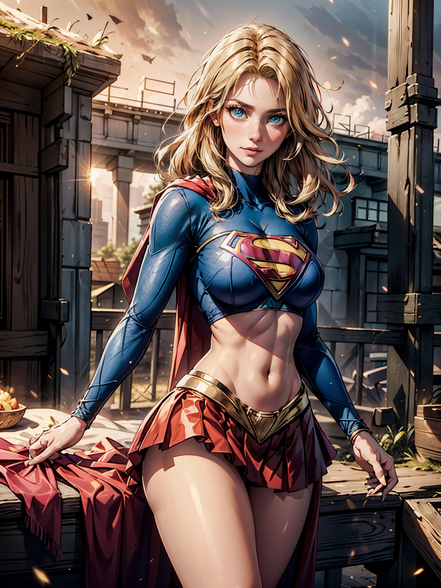 nsfw: 1.5, masterpiece, best quality, high quality, high definition, high quality textures, high quality shadows, high definition, beautiful detail, highly detailed CG, detailed textures, realistic representation of faces, realistic, colorful, delicate , cinematic lights, side lights, lens flares, ray tracing, sharp focus, supergirl, ((best quality, masterpiece, absurd, 8k)), 1 girl, solo, 21 years old,Supergirl(Helen Slater), huge breasts, huge breasts, long hair down to her hips, long hair,low hair, voluminous hair, white skin tone, green eyes, sparkling expressive eyes, huge breasts, she is supergirl, Supergirl , japanese sailor female Supergirl, costume female school,stocking 7/8 ,superman suit, blushing, embarrassed expression, shy smile, building terrace, daytime, pretty, young woman, hands behind) (1girl, __focus__:1.3), (intricate details, makeup , PureErosFace_V1:0.5), (delicate beautiful face with details, Delicate eyes beautiful in details, perfect face proportions, dense skin, ideal proportion of four fingers and one thumb, arms under the chest, huge breasts, miniskirt,upskirt,wide hips, flat upper abdomen , thin, dressed, blonde: 1.3), bed, no hands, perfect eyes, detailed eyes, show midriff, sexy, cleavage, red skirt, very seductively provocative smirk, sultry look, seductive,