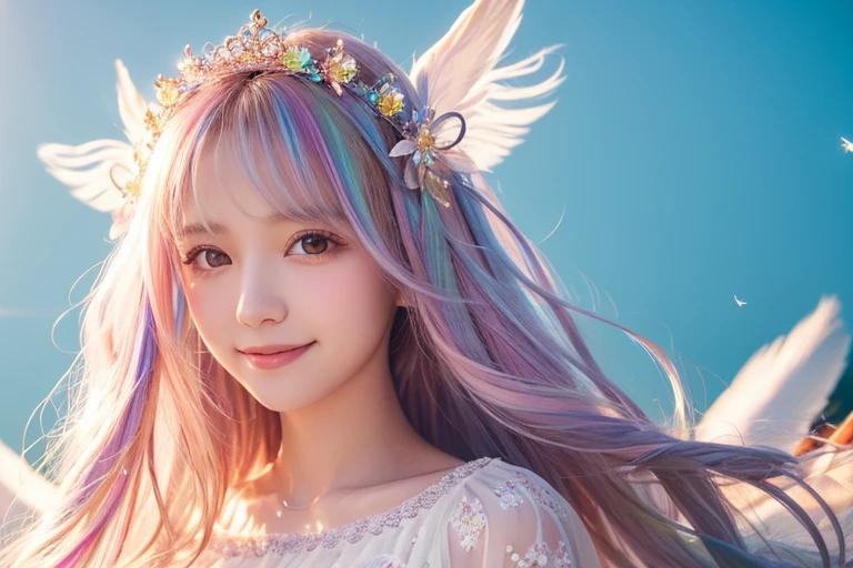Use magic,heaven,tiara,Angel,Lolita,woman,Smile,Short sleeve,race,Lens flare,magical energy,healing,Sparkly Background,noon,summer,Light of the sun,Light background,Light blue sky,cute,Princess,clear,happiness,Angelの羽根,Fairy Wings,Silky shiny hair,Glossy Skin,Long Hair,Fairyland,Soft light,,dream,hope,Pop Art,pastel colour,Big Rainbow,Sparkling Eyes,fine,Non-Adult,High resolution,light peach-colored hair,Wavy Hair,Thin eyebrows,Fluffy Feathers,Feathers fluttering