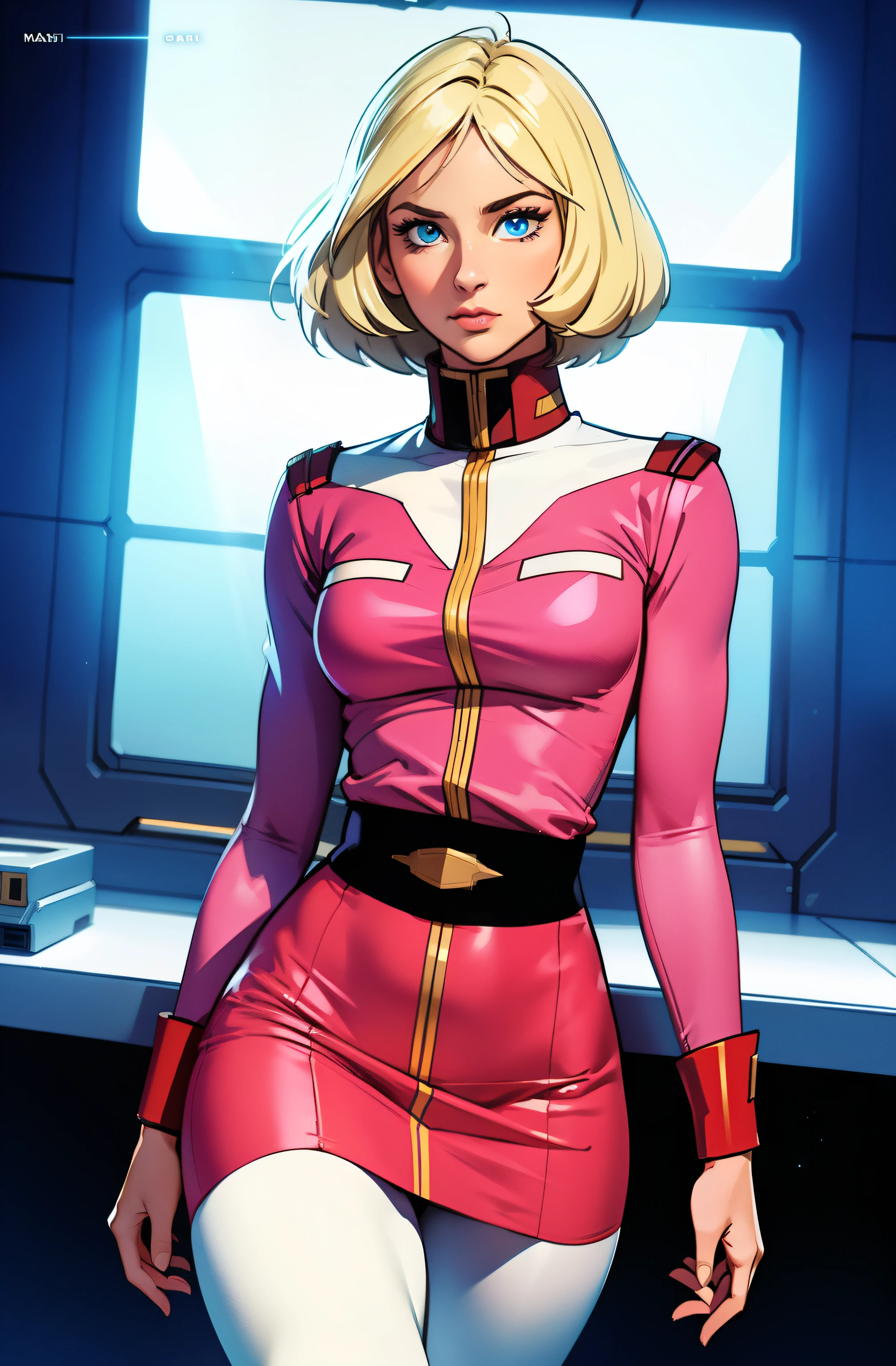 ((masterpiece)), ((cinematic lighting)), realistic photo、Real Images、Top image quality、1girl in, sayla mass, Elegant, masterpiece, Convoluted, slim arms, wide hips, thick thighs, thigh gaps, Best Quality, absurderes, high face detail, Perfect eyes, mature, Cowboy Shot, , Vibrant colors, soft pink uniform, soft pink Skirt, white tights