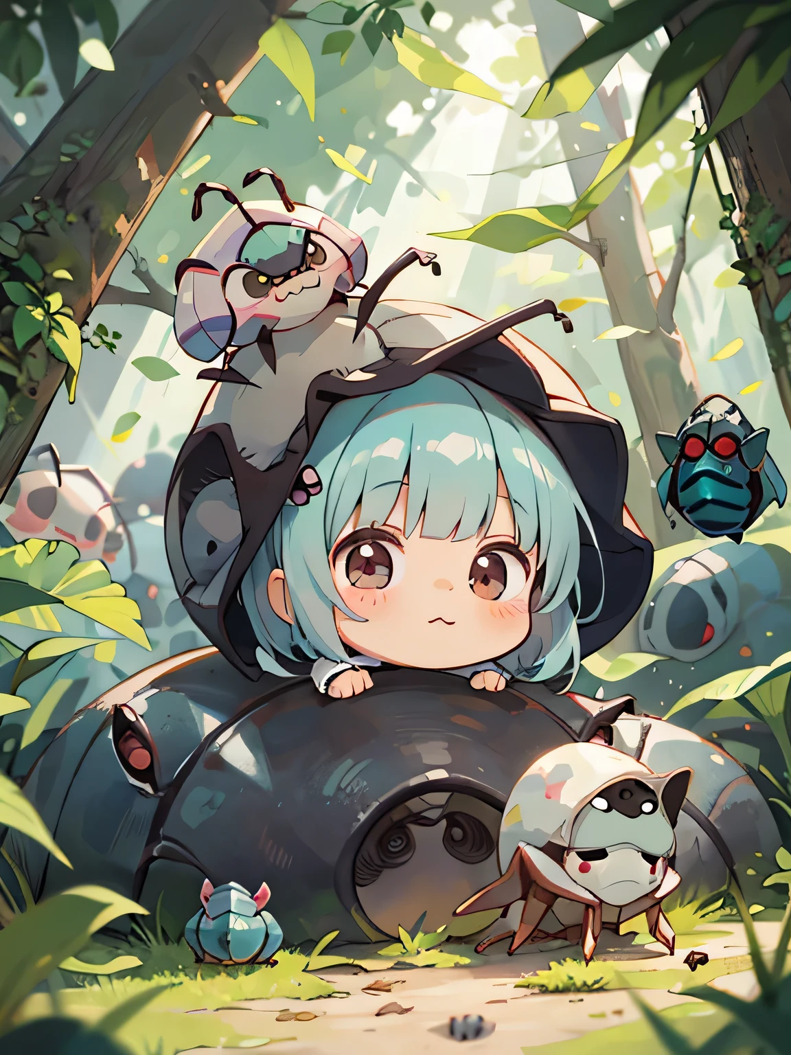 Monoko Sakura style, Kawaii Design, most beautiful girl ever、Chibi, Colorful bob hair、((Lots of friends))、(((Cute pillbug)))、Totoro Forest
