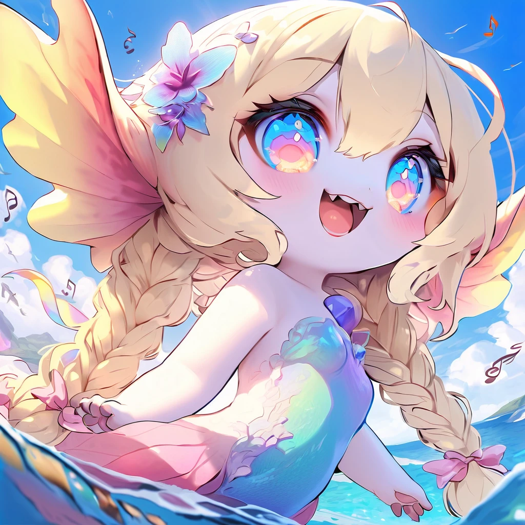 1female\(upper-body kitten,lower-body fish,mermaid,beautiful scale reflecting prism,beautiful tail fin reflecting prism,cute,kawaii,,long braid hair,blonde,singing beautiful song,eye color ocean blue,big eyes,dynamic pose,big smile,open mouth,sharp teeth,(full body:0.5)\), BREAK ,background\(under the beautiful clean sea,beautiful fishes,big ship,notes\(music\)\), BREAK ,quality\(8k,wallpaper of extremely detailed CG unit, ​masterpiece,hight resolution,top-quality,top-quality real texture skin,hyper realisitic,increase the resolution,RAW photos,best qualtiy,highly detailed,the wallpaper,cinematic lighting,ray trace,golden ratio\),dynamic angle,landscape,[nsfw:2.0],(wear frilled tops),(paw)