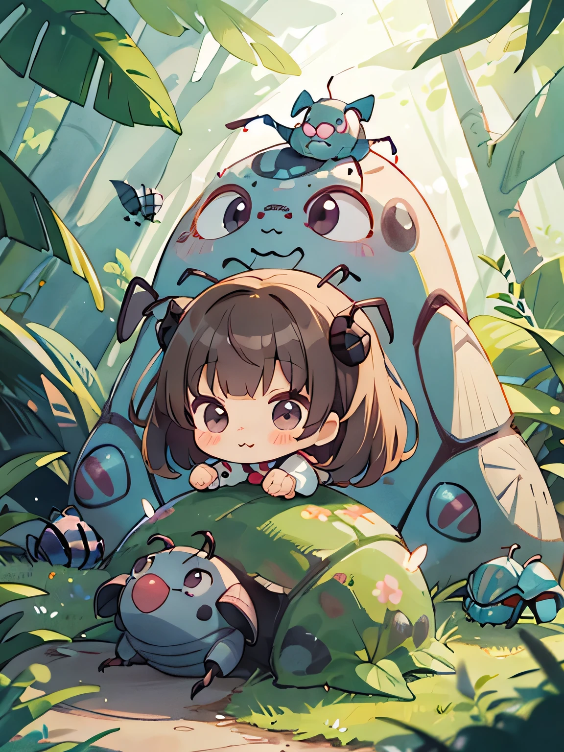Monoko Sakura style, Kawaii Design, most beautiful girl ever、Chibi, Colorful bob hair、((Lots of friends))、(((Cute pillbug)))、Totoro Forest