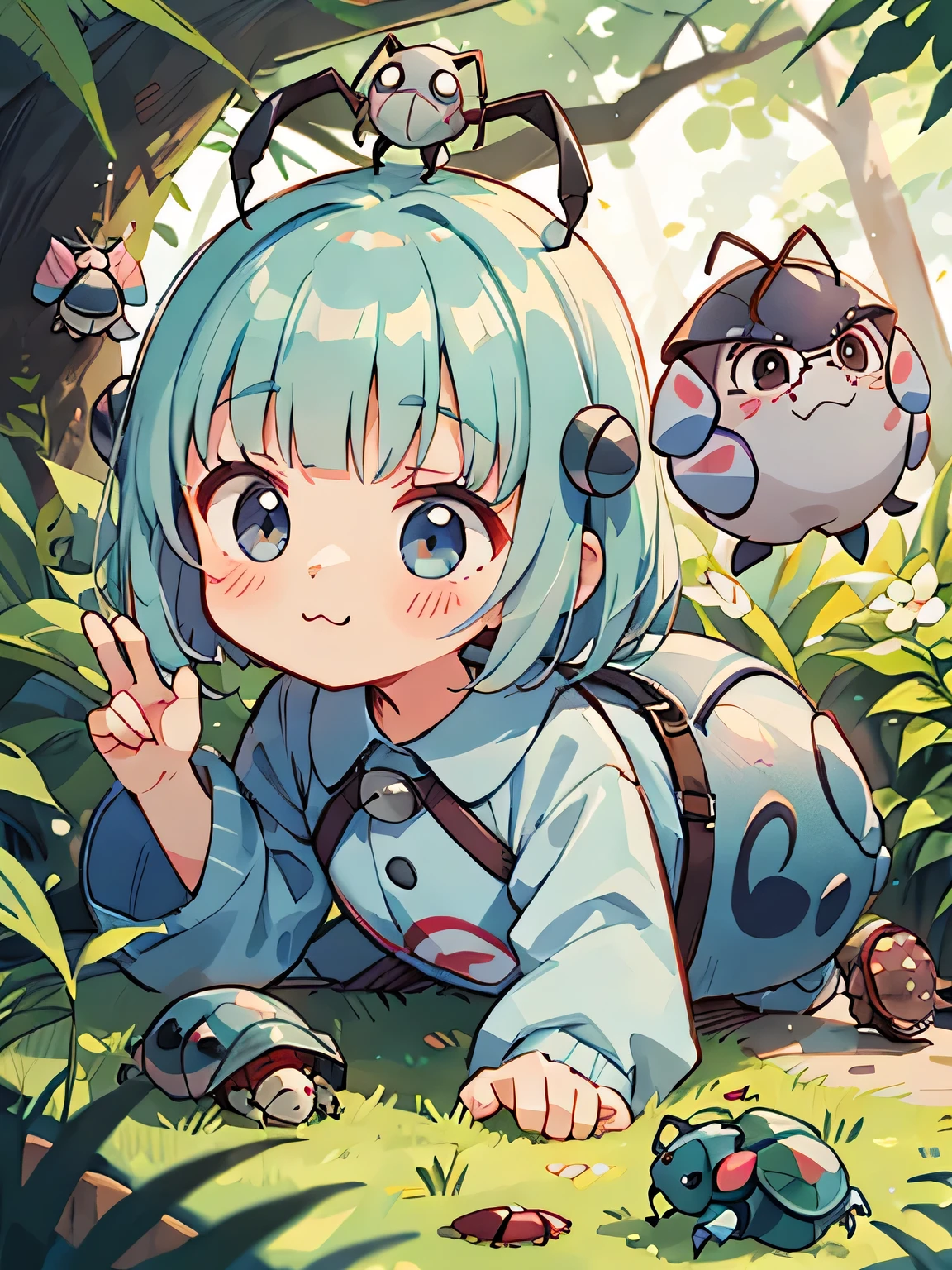 Monoko Sakura style, Kawaii Design, most beautiful girl ever、Chibi, Colorful bob hair、((Lots of friends))、(((Cute pillbug)))、Totoro Forest

