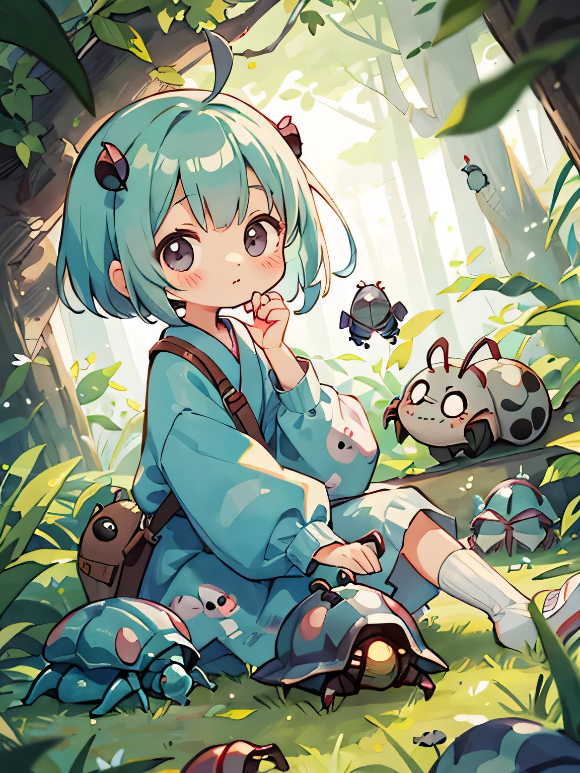 Monoko Sakura style, Kawaii Design, most beautiful girl ever、Chibi, Colorful bob hair、((Lots of friends))、(((Cute pillbug)))、Totoro Forest