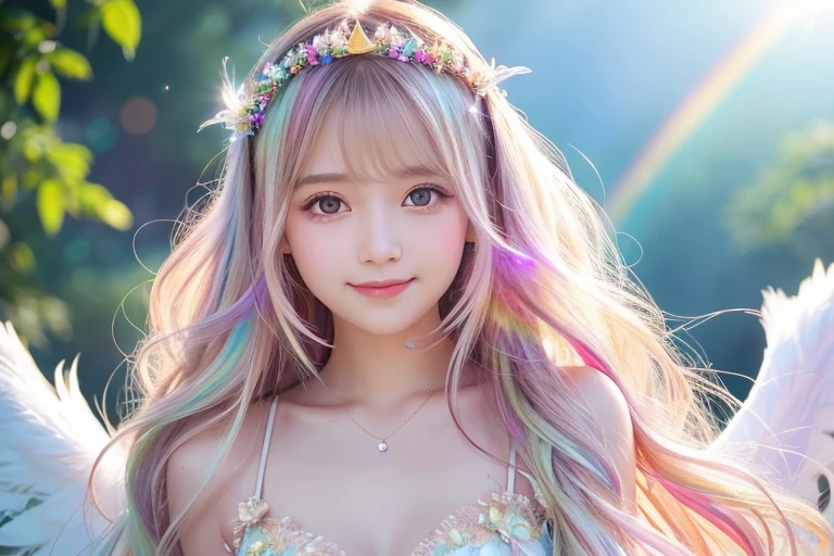 Use magic,heaven,tiara,Angel,Lolita,woman,Smile,Short sleeve,race,Lens flare,magical energy,healing,Sparkly Background,noon,summer,Light of the sun,Light background,Light blue sky,cute,Princess,clear,happiness,Angelの羽根,Fairy Wings,Silky shiny hair,Glossy Skin,Long Hair,Fairyland,Soft light,,dream,hope,Pop Art,pastel colour,Big Rainbow,Sparkling Eyes,fine,Non-Adult,High resolution,light peach-colored hair,Wavy Hair,Thin eyebrows,Fluffy Feathers,Feathers fluttering