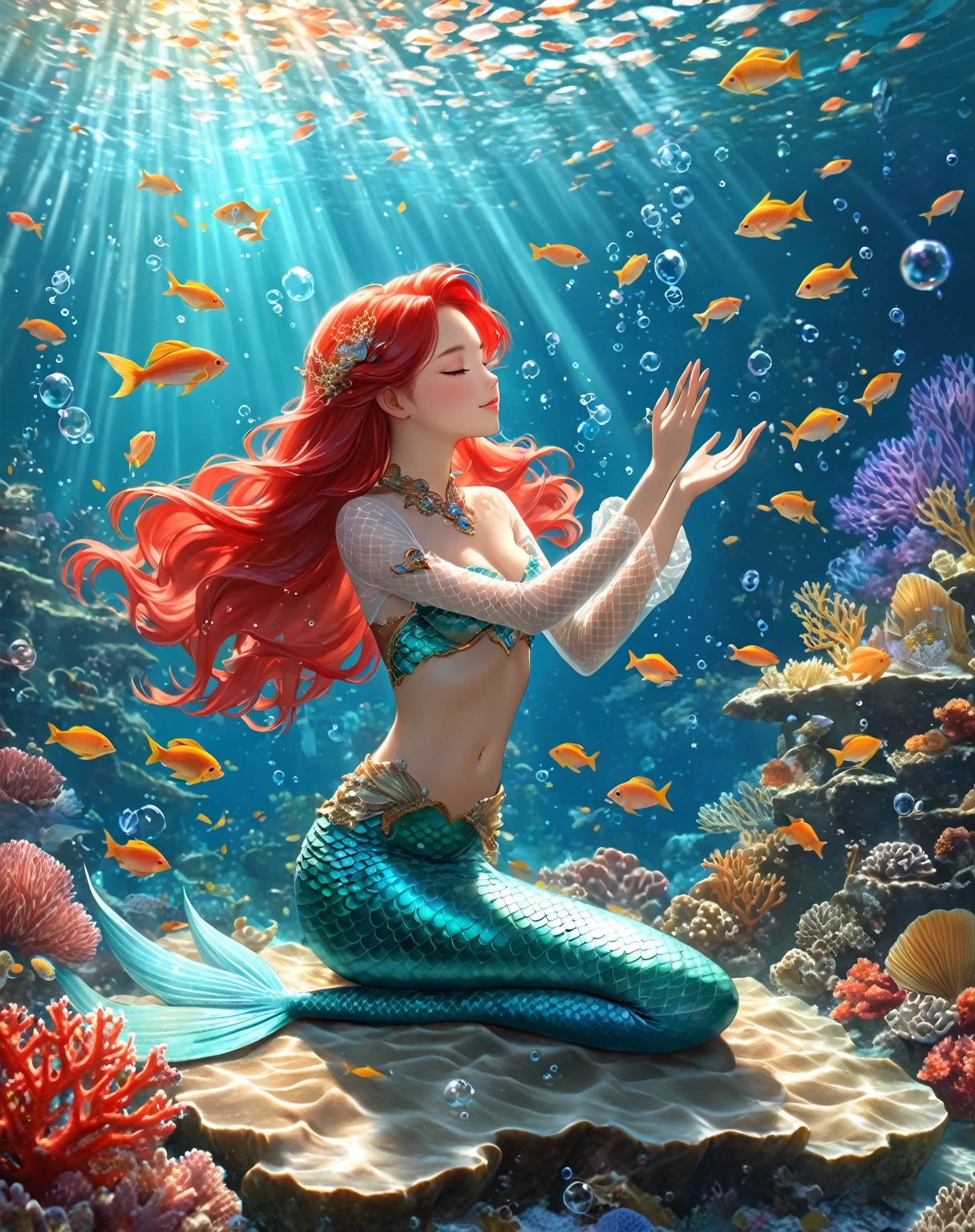 a beautiful mermaid singing with head tilted back and eyes closed, solo，full body portrait, intricate fish scale patterned tight fitting top, semi-transparent silk long sleeves, sitting on coral, beautiful fish tail, red hair, bubbles, luxurious underwater coral world, lighting effects, xianxia，anatomically correct:2，realistic，skin texture