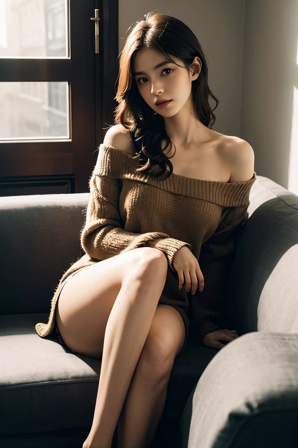 1 Girl,Sit on a comfortable sofa,Cross your legs,Soft Light